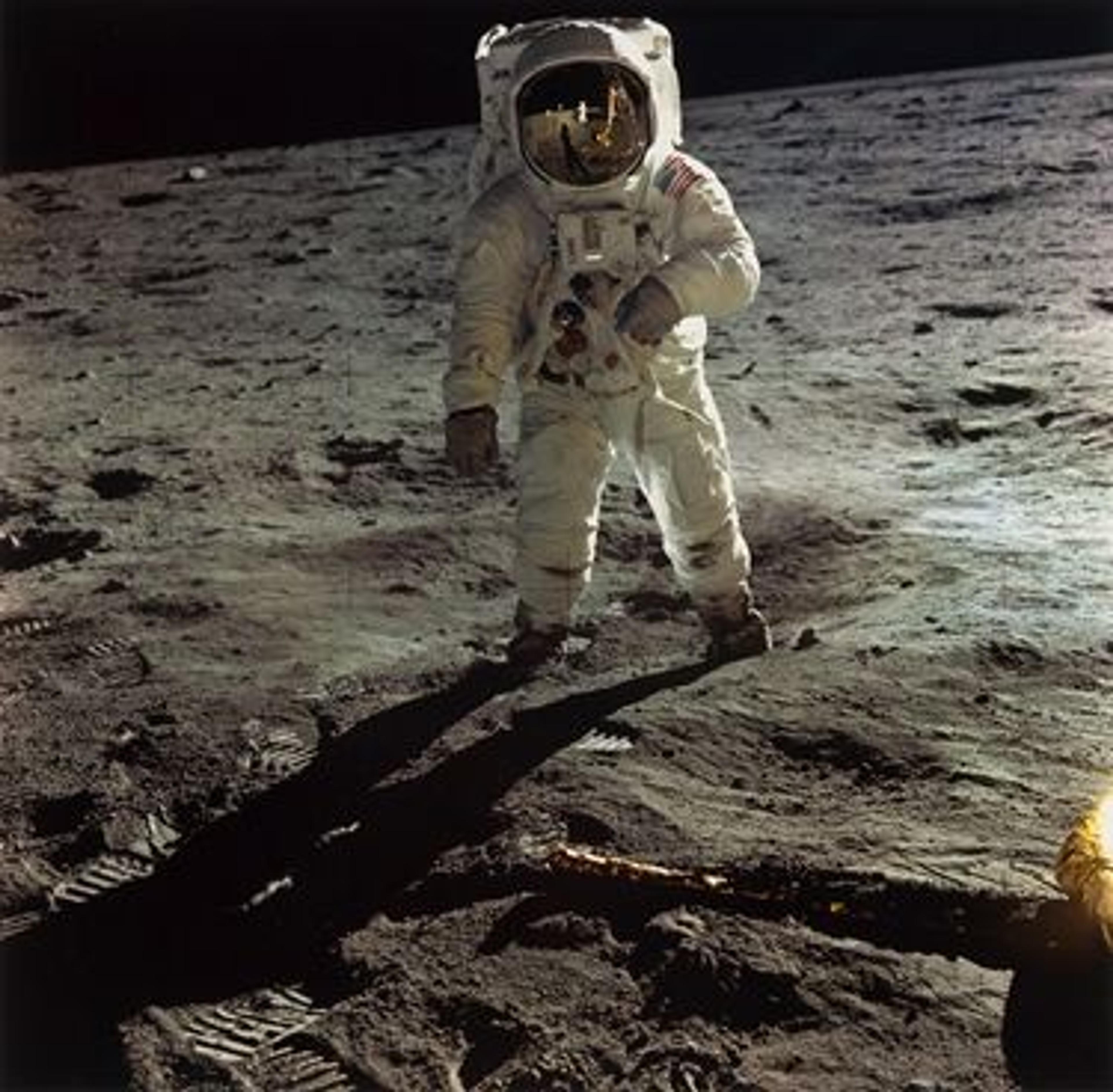 Color photo of Buzz Aldrin walking on the moon