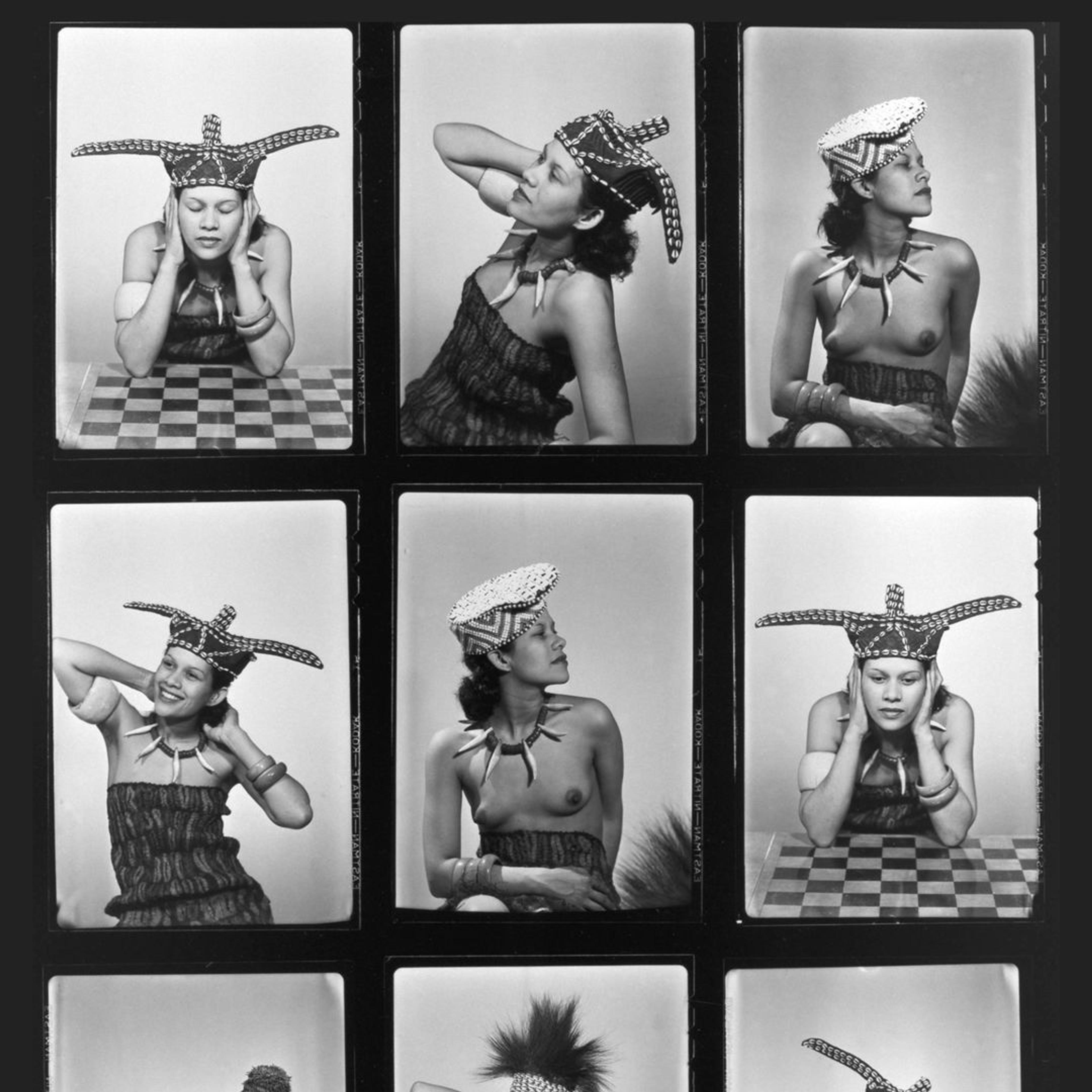 Composite images of Guadeloupe-born model Adrienne Fidelin posing with elaborate headdresses