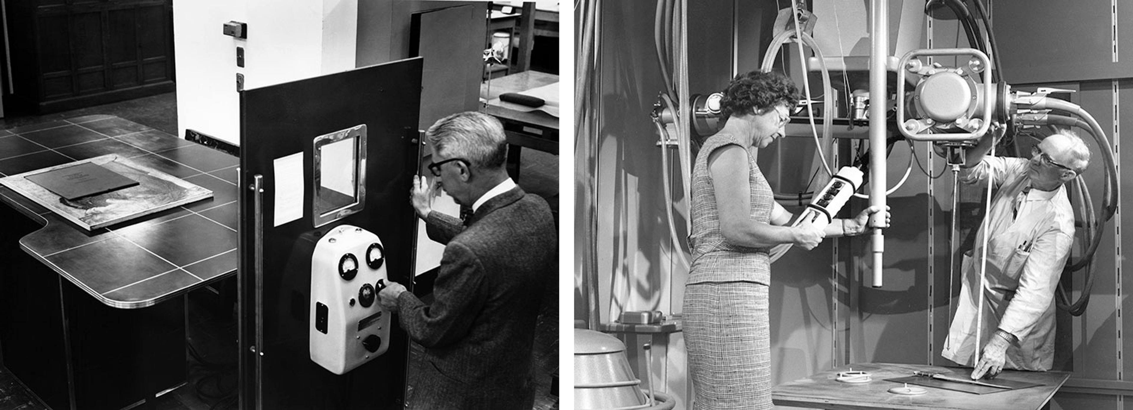 Left: A conservator radiographing a painting. Right: Two conservators setting a painting in a very large X-ray machine for radiographing materials.