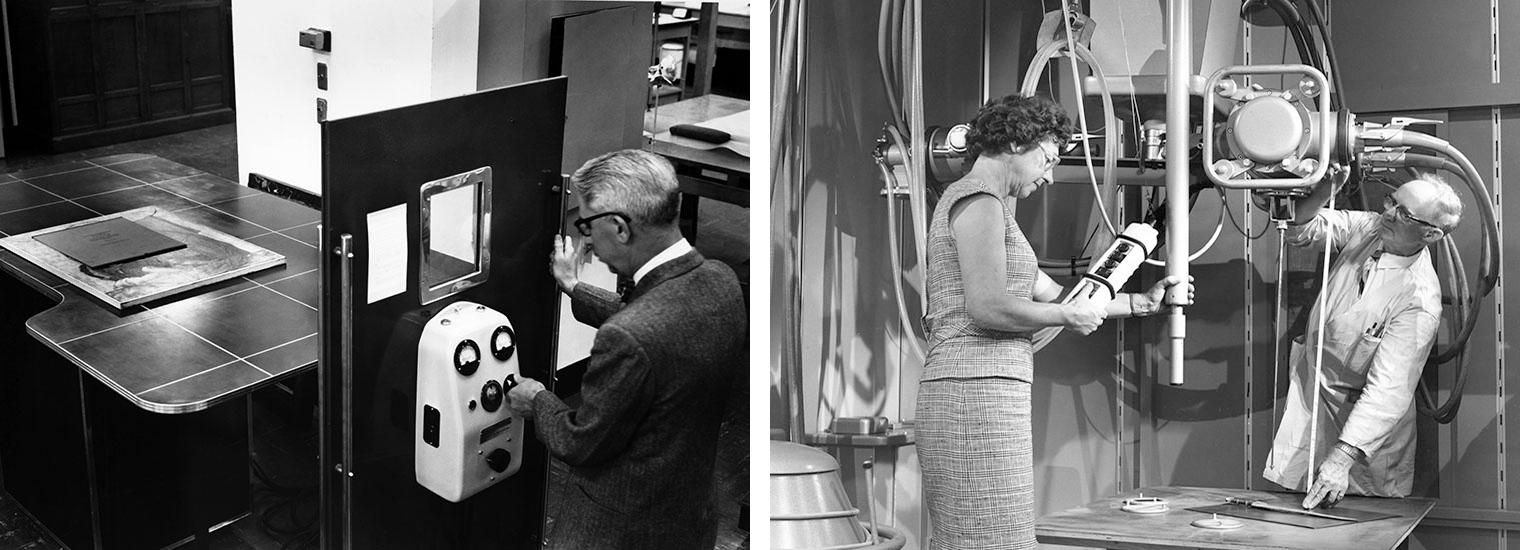 Left: A conservator radiographing a painting. Right: Two conservators setting a painting in a very large X-ray machine for radiographing materials.