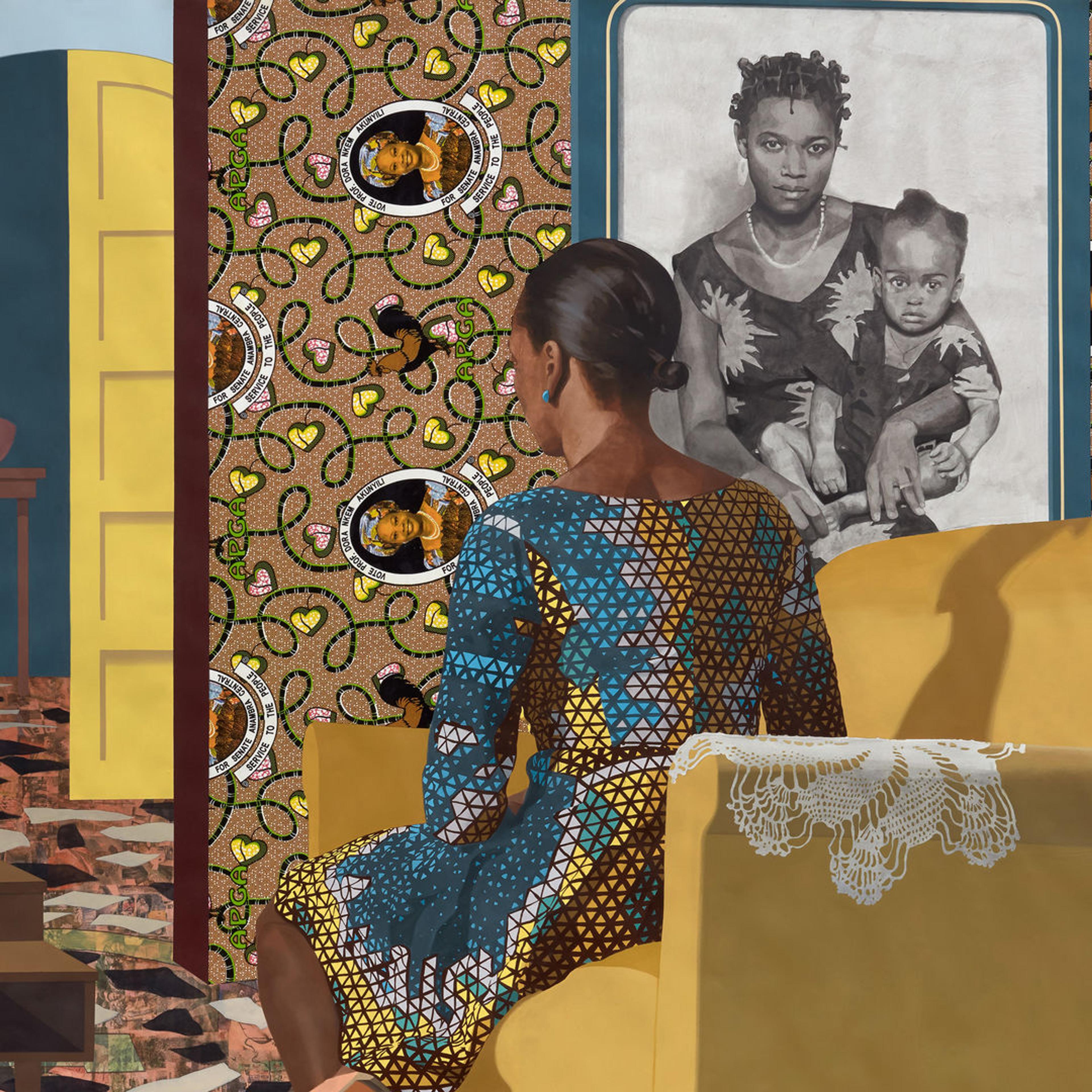 A woman in a multicolored dress is seated on a yellow couch, her back to the viewer. In the background at right is a black and white portrait of a mother holding a baby; at left is the room's doorway. The wallpaper and floor is characterized by whimsical and geometric designs, including portraits as part of the wallpaper.