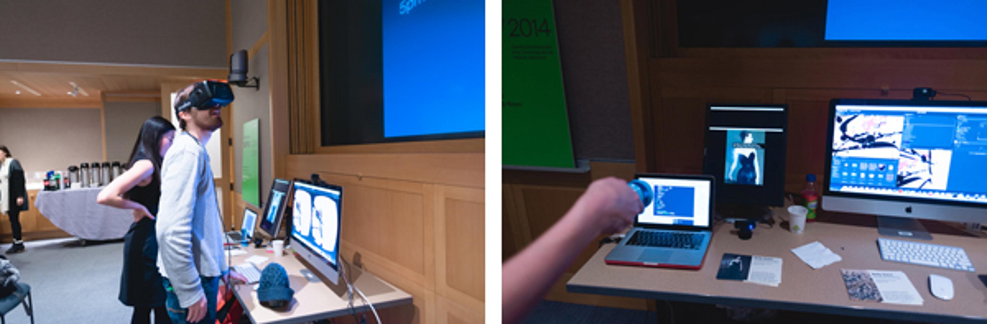 Right: A visitor accesses Diving Into Pollock via an Oculus Rift virtual reality headset. Left: An infrared flashlight reveals hidden details in Paintings Uncovered. 