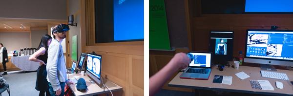 Right: A visitor accesses Diving Into Pollock via an Oculus Rift virtual reality headset. Left: An infrared flashlight reveals hidden details in Paintings Uncovered.