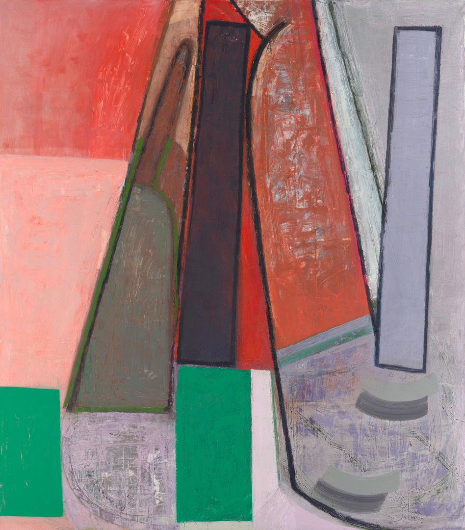 Abstract painting of rectangular blocks in green, pink, red, light purple and gray tones