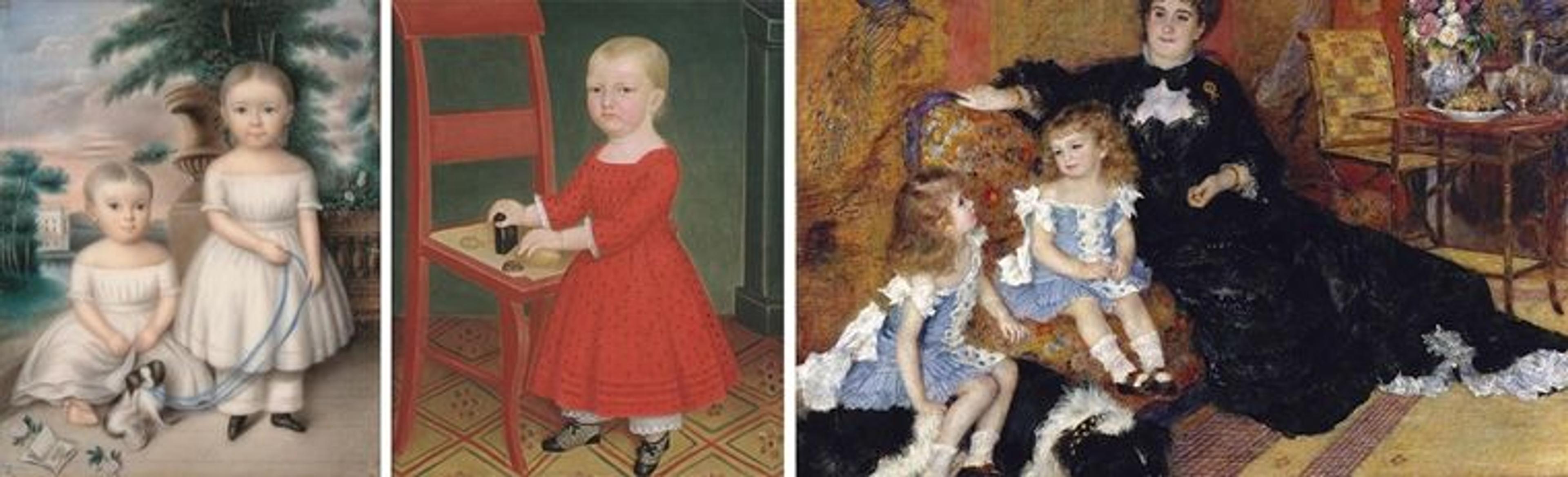 An arrangement of three portrait paintings of pale young children in fancy outfits with long yellow hair. The painting on the right is in a living room, with a leaning mother and sleeping dog.