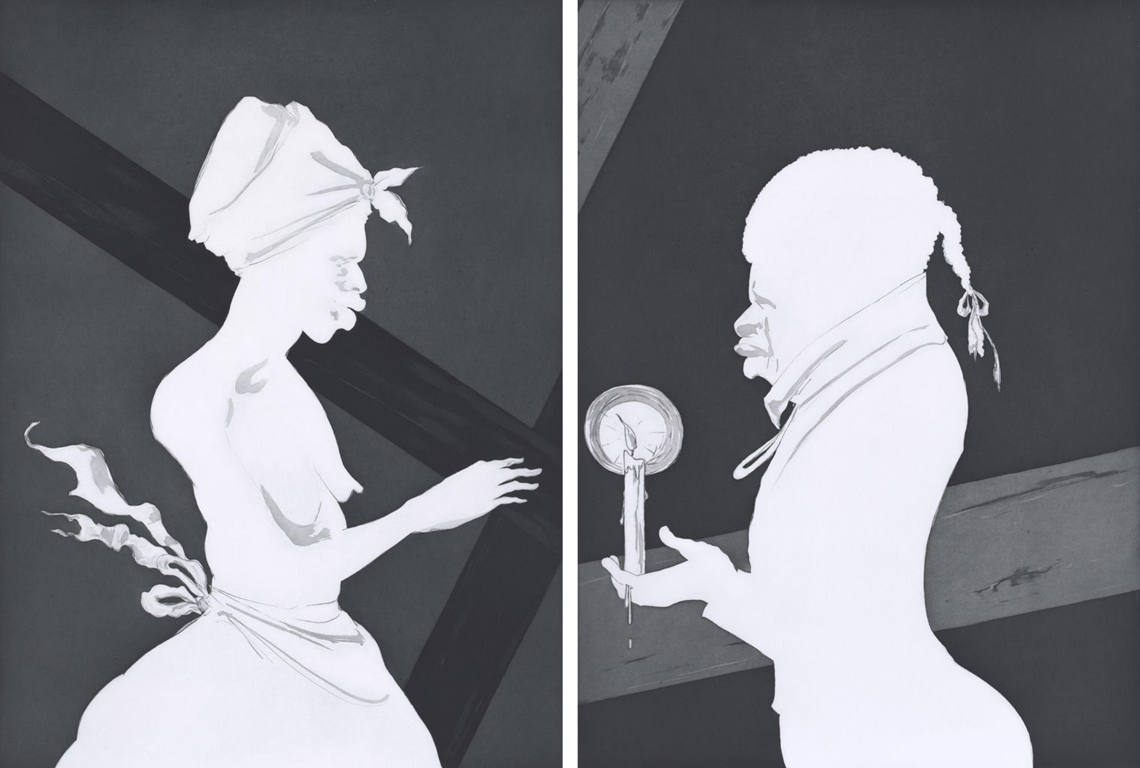 Left and right panels of a paper triptych by Kara Walker showing profile portraits of a woman and man, respectively