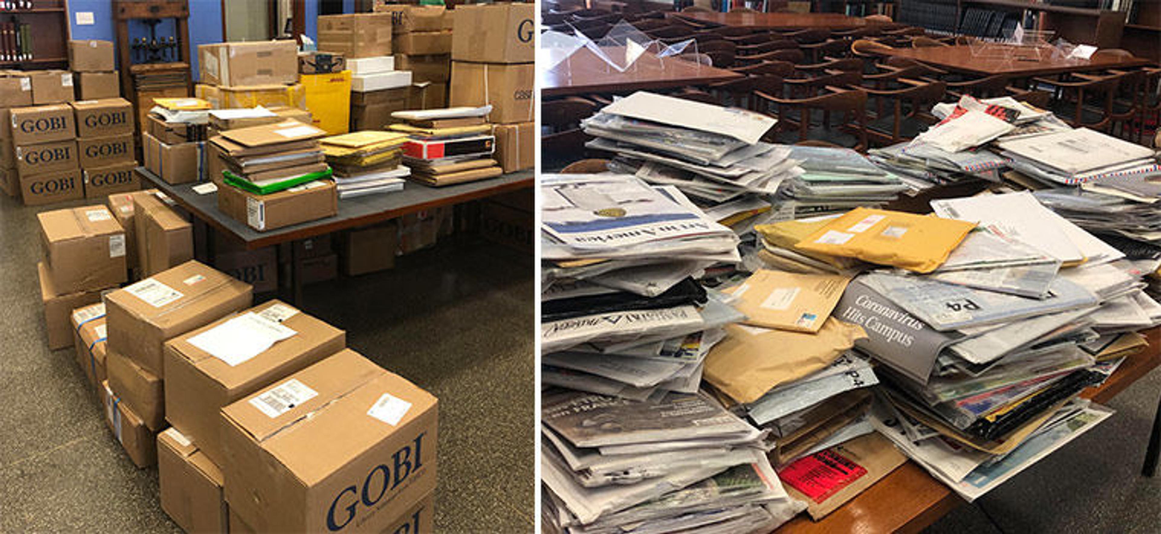 Two images of huge piles of boxes and periodicals that had been piling up in the library throughout the pandemic