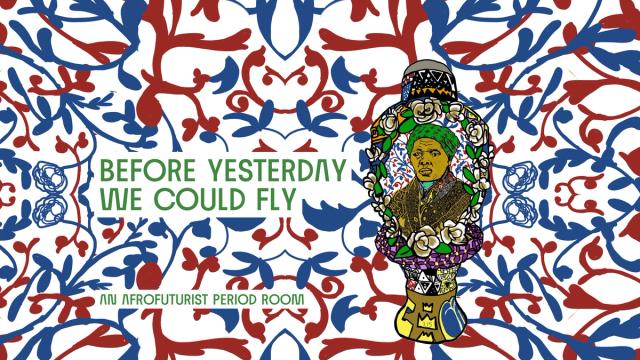 red and blue foliage background colorful portrait of a black woman wearing a green bandana