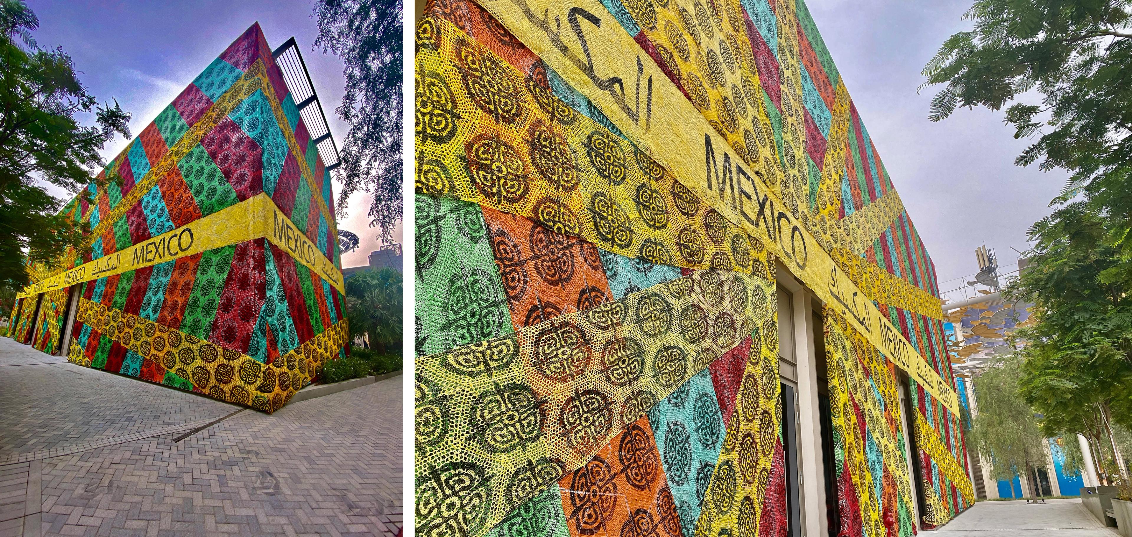 Two images of an enormous colorful textile with repeating patterns enveloping an entire building. The word "Mexico" is repeatedly written in Spanish and Arabic on a yellow band horizontally wrapping across the textile.