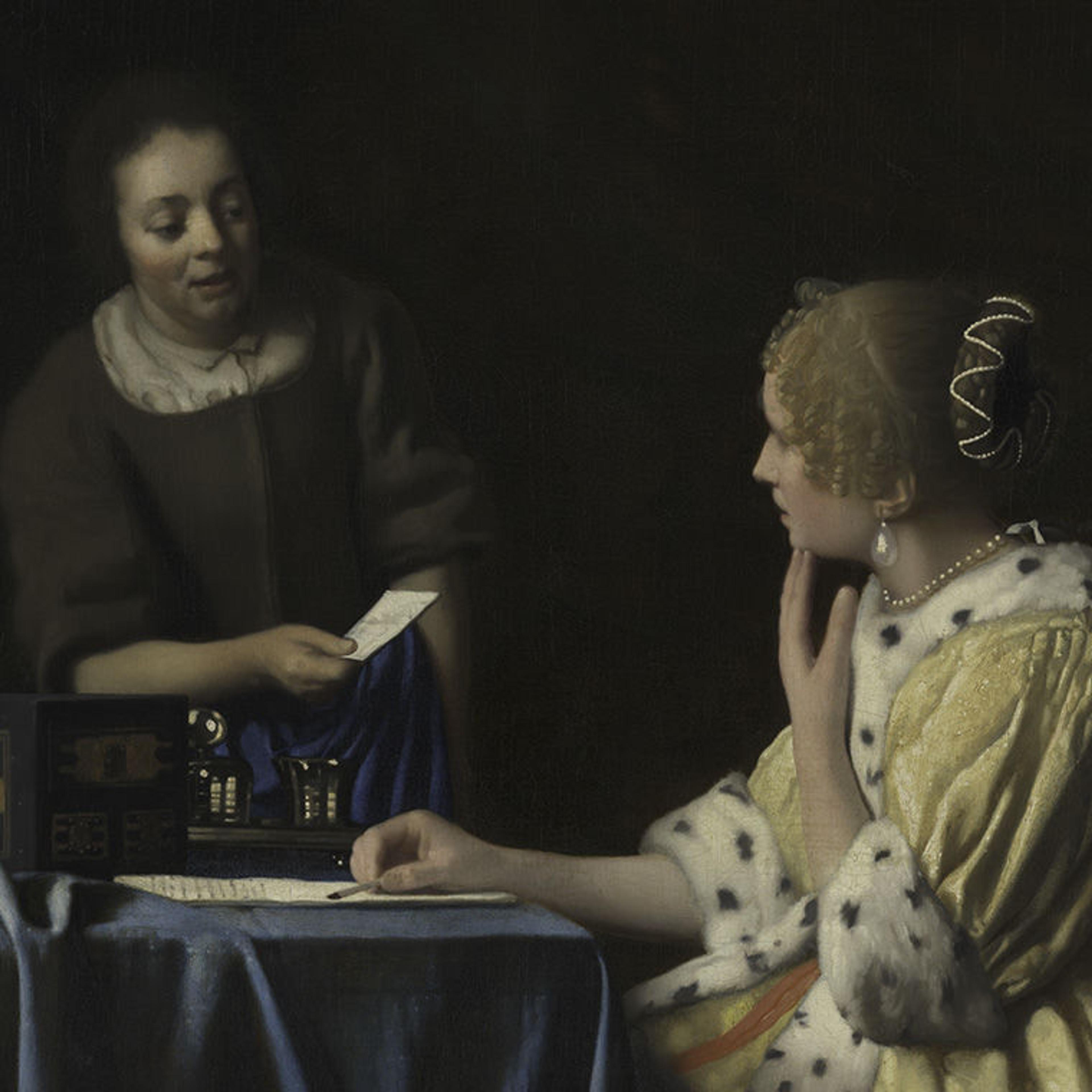 Plainly dressed maid handing a note to an elegantly dressed mistress who is seated at a table.