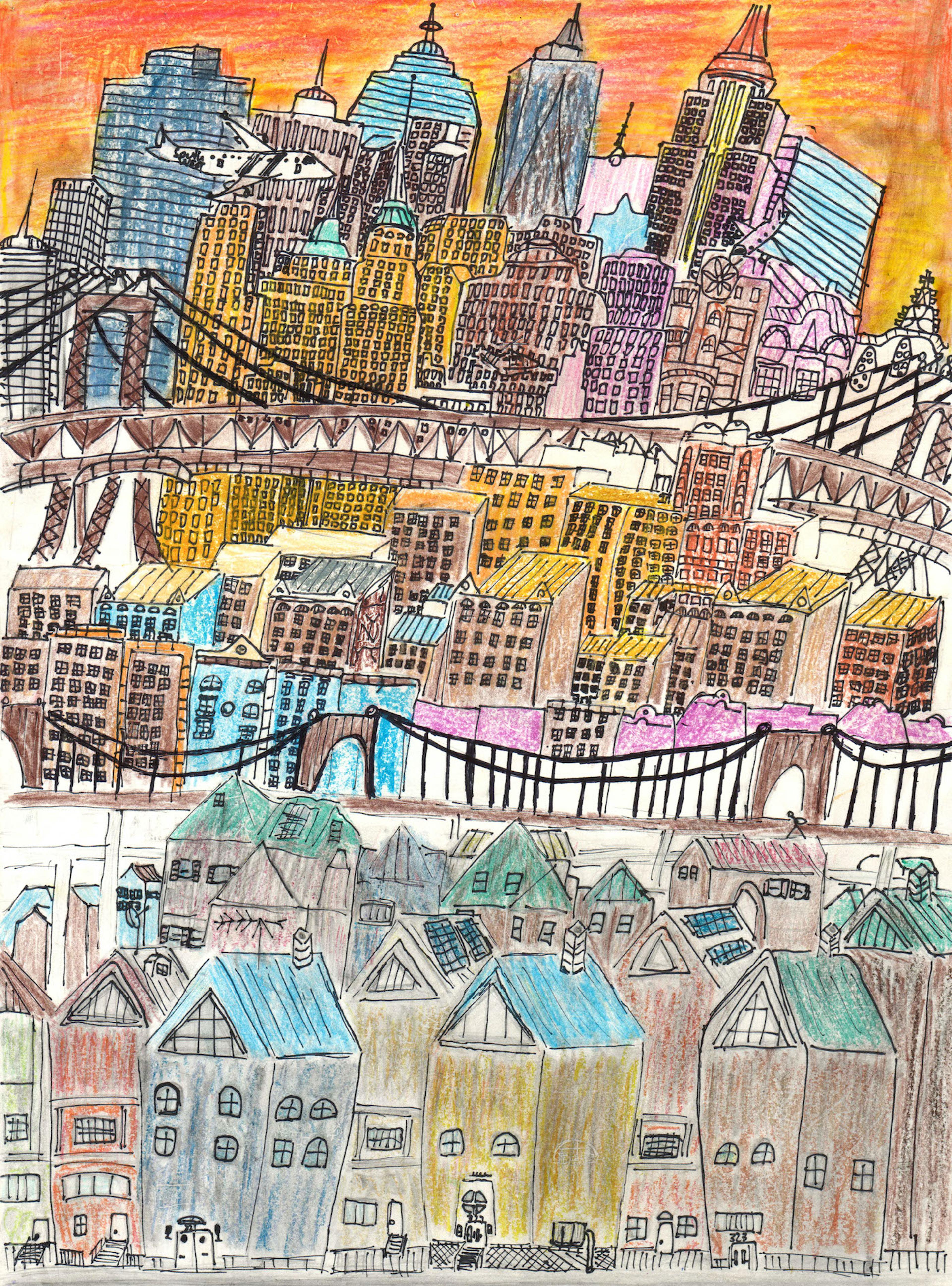 Pencil, Sharpie, colored pencil, and oil pastel illustration of a dense urban landscape. Several rows of small brown, yellow, and blue buildings sit at the bottom of the image. Behind them is a river with a suspension bridge above it. Behind the bridge are several rows of additional and mostly brown buildings with a few blue, red, and yellow structures included. An even larger suspension bridge is shown behind these secondary rows of buildings. The top third of the image is filled with tall skyscrapers of various shapes and colors. A white airplane flies from left to right in front of the skyscrapers.