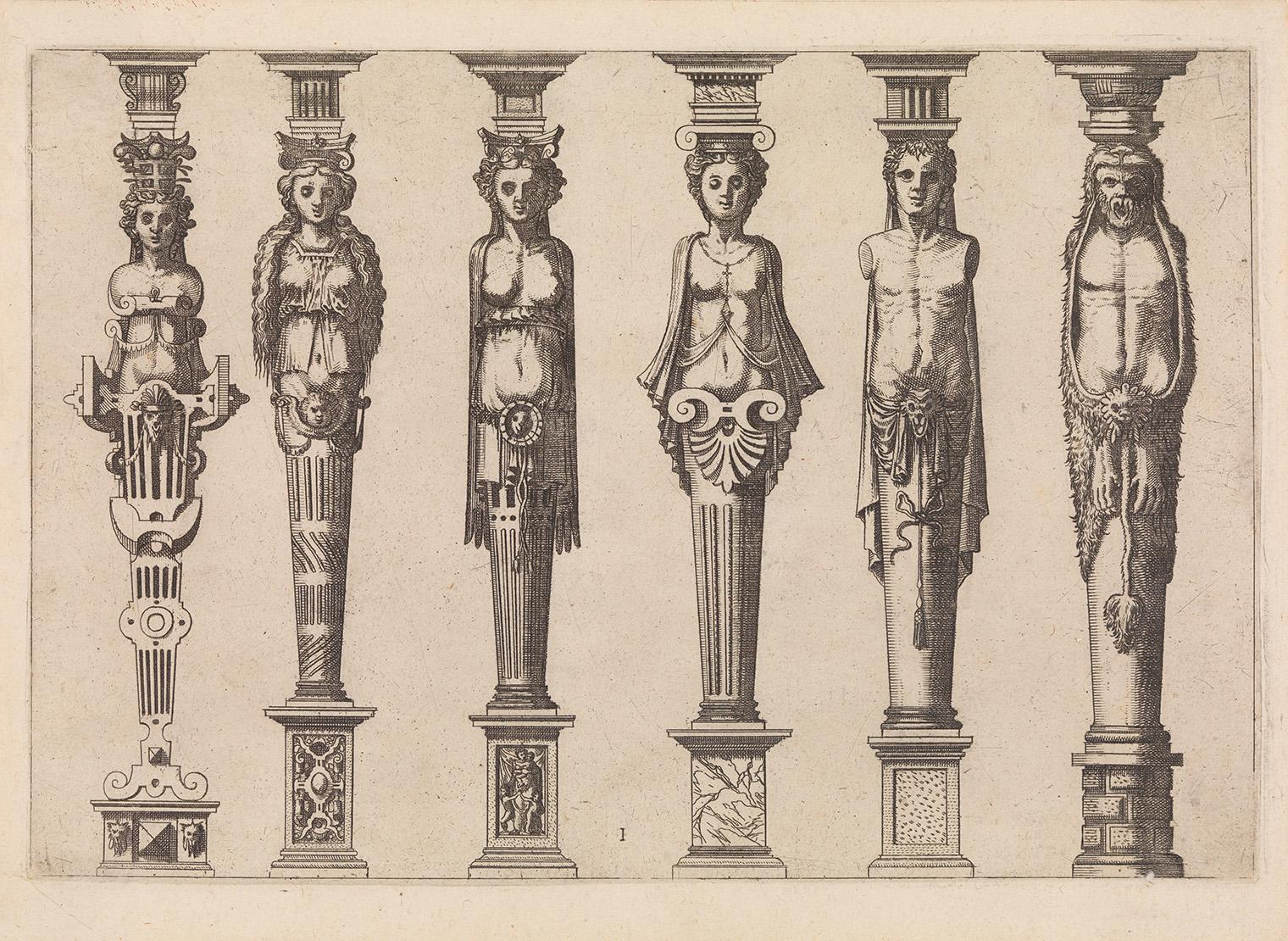 Six ornately carved columns depicting human figures with varied intricate designs and expressions, reflecting classical architectural elegance.