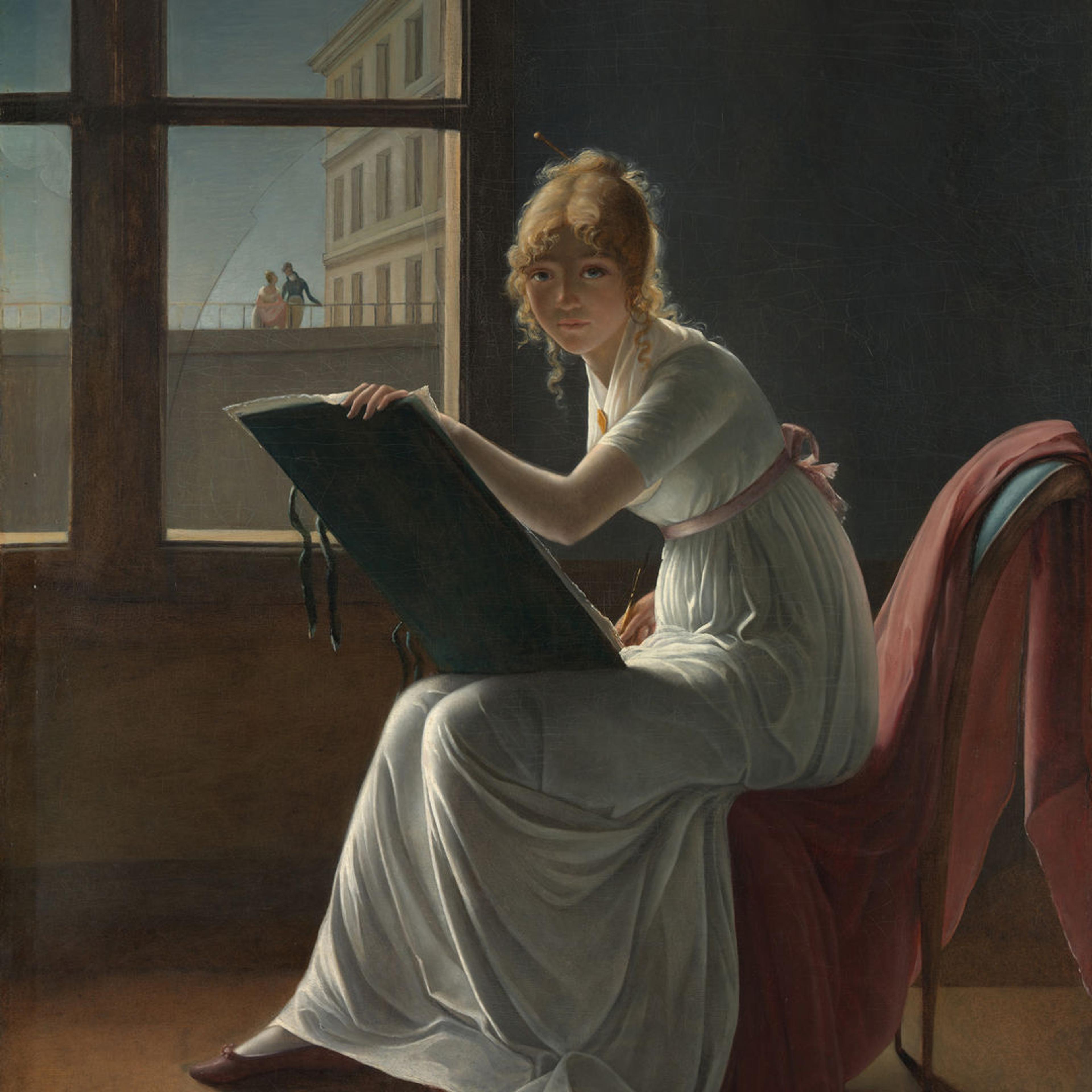 Detail of Marie Denise Villers’s portrait of a young woman artist seated and sketching at her easel.