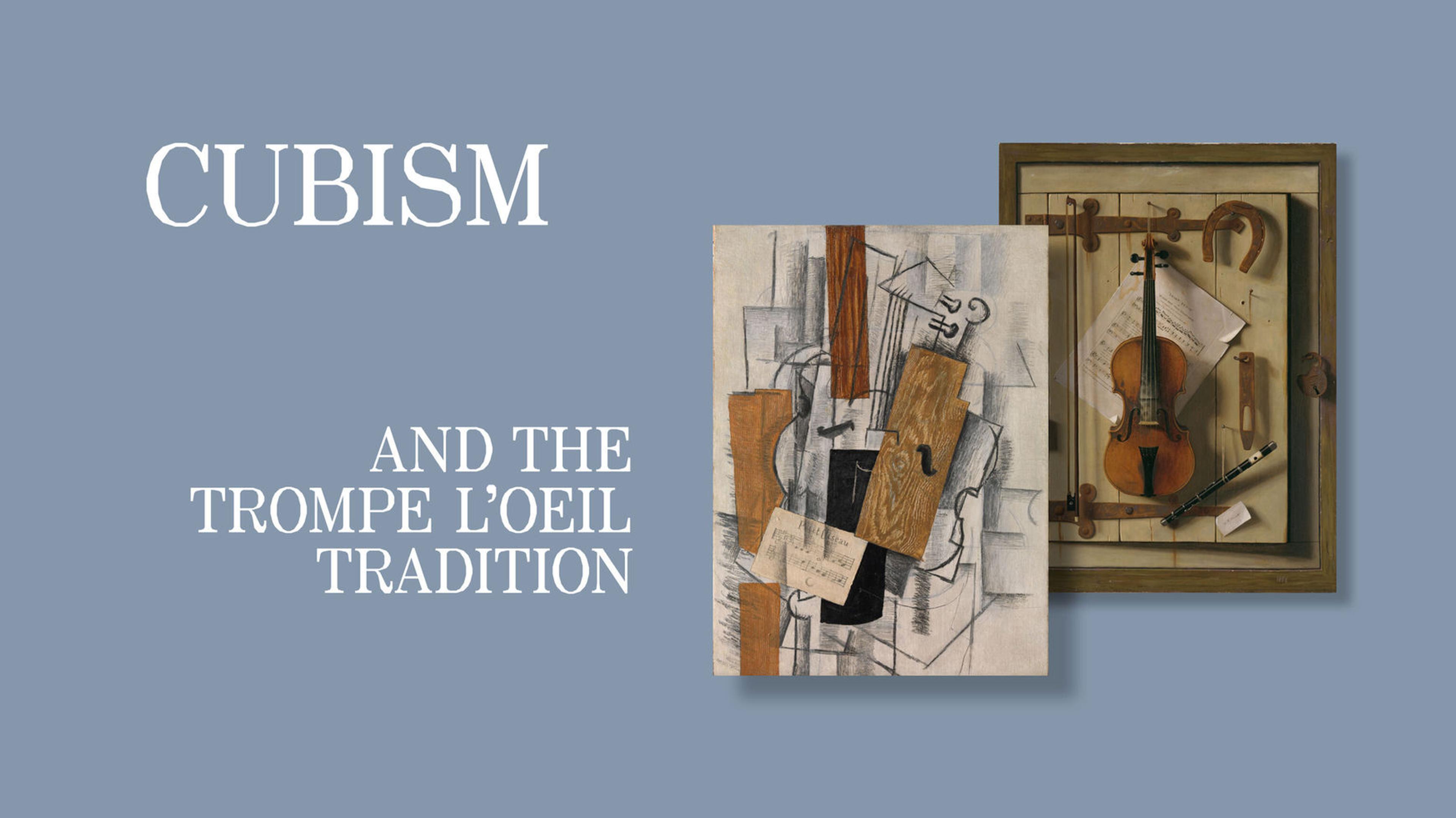 Two rectangular collage artworks in dark browns, tans, and black on a light blue background with the words "Cubism and The Trompe L'Oeil Tradition" on the left.