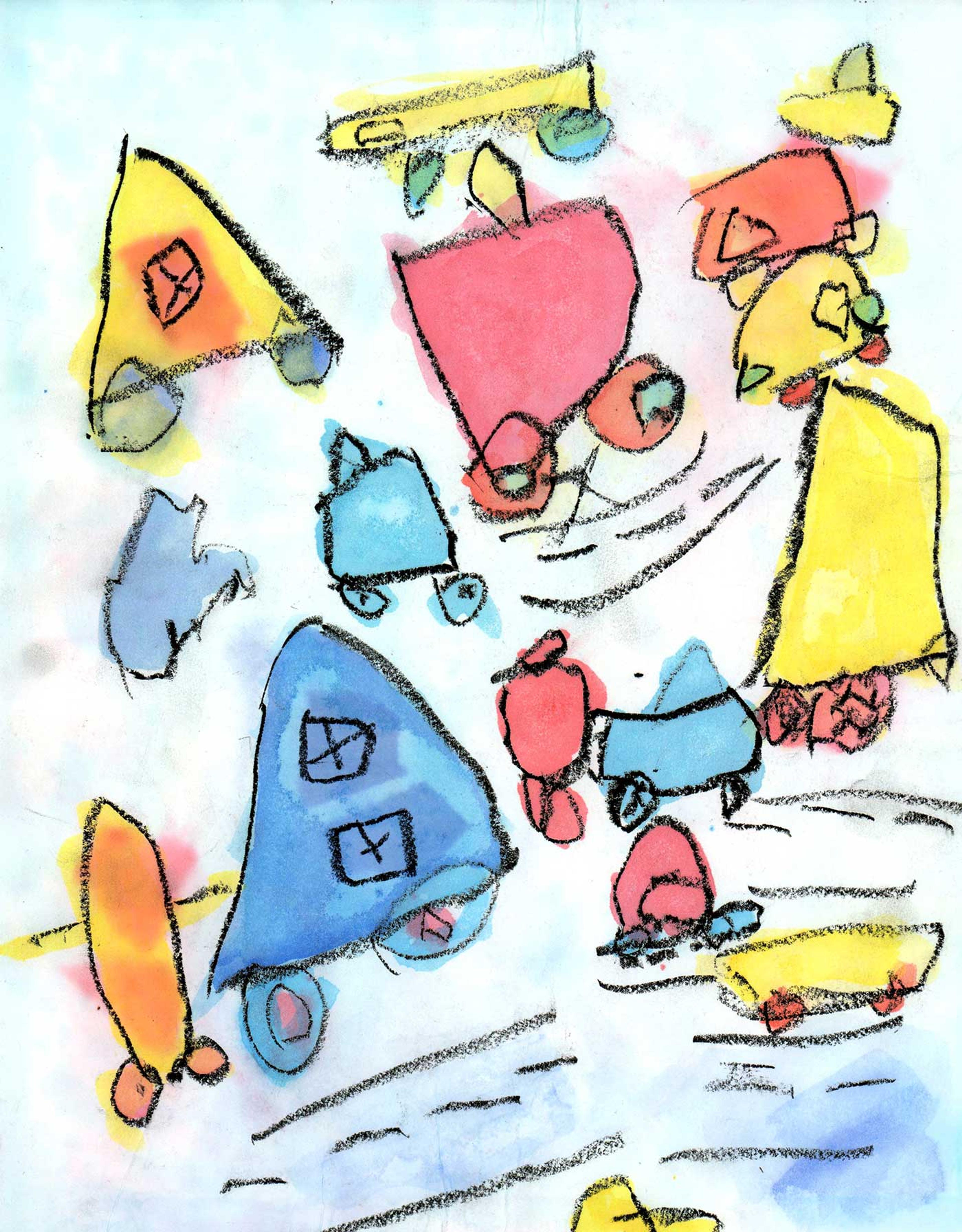 Drawing of a variety of vehicles in blue, yellow, and red.