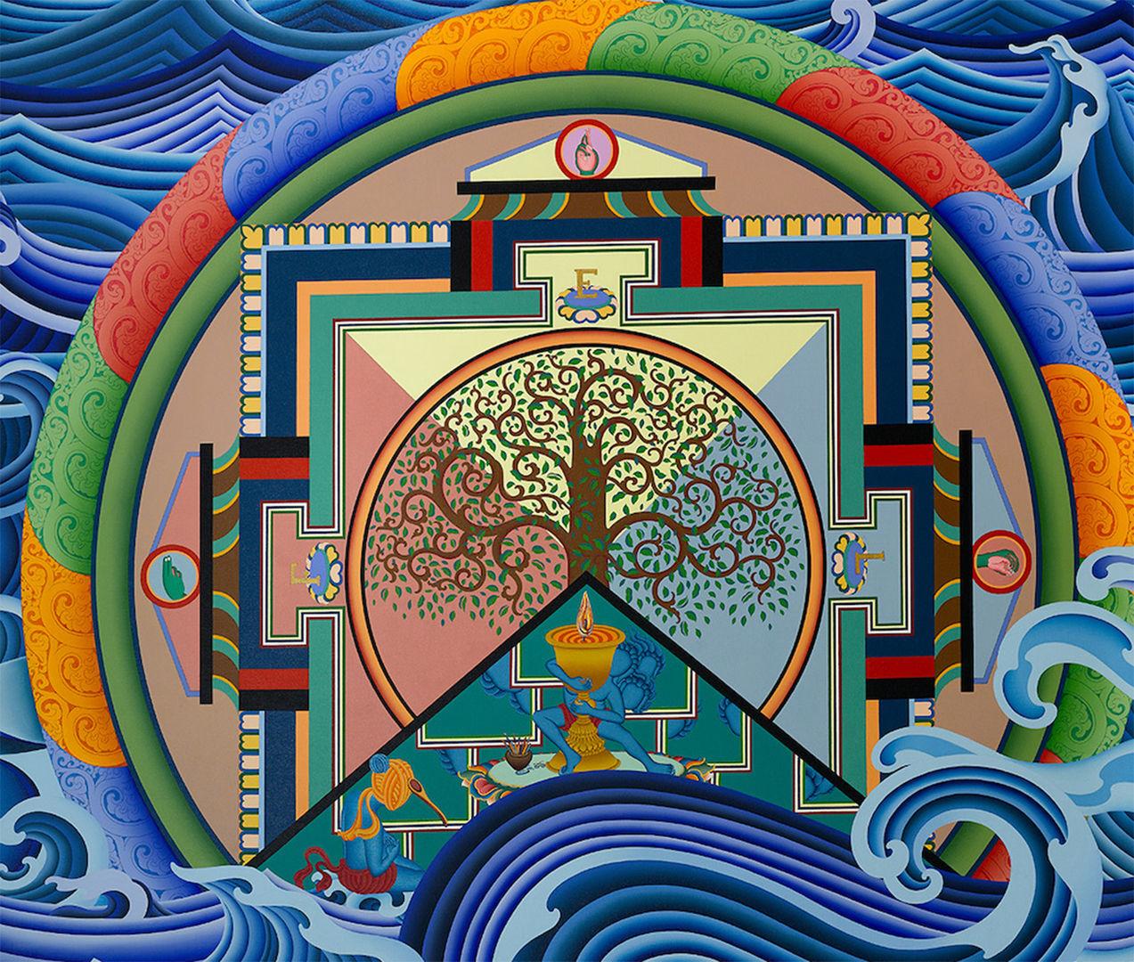 Colorful mandala featuring a central tree, geometric patterns, wavy blue designs, and a surrounding multicolored border.