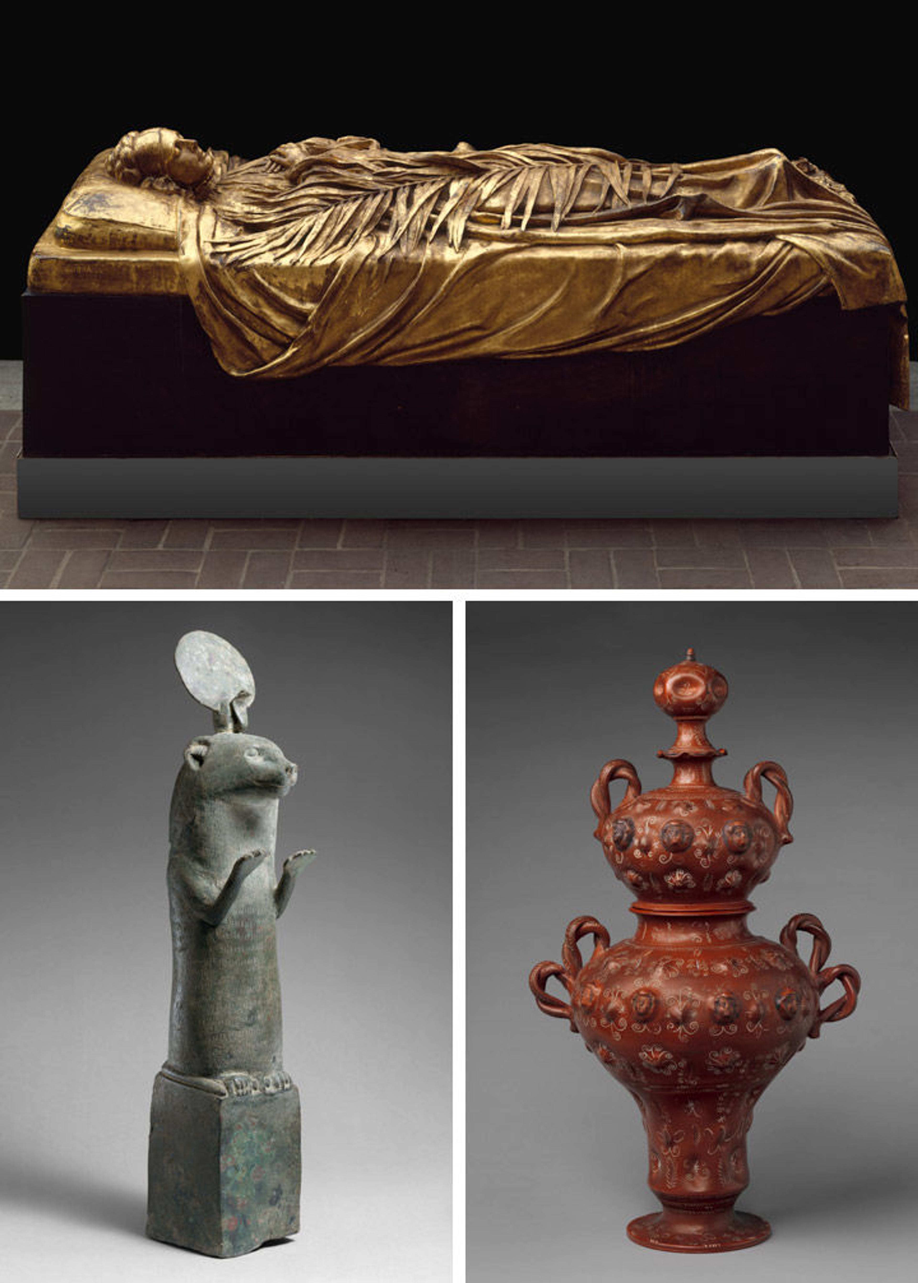 View of three objects from The Met collection: tomb effigy of Elizabeth Boott Duveneck (top); a sculpture of an otter from Ancient Egypt (bottom left); and a clay vase from Mexico (bottom right)