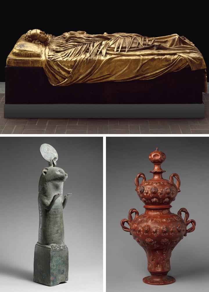 View of three objects from The Met collection: tomb effigy of Elizabeth Boott Duveneck (top); a sculpture of an otter from Ancient Egypt (bottom left); and a clay vase from Mexico (bottom right)