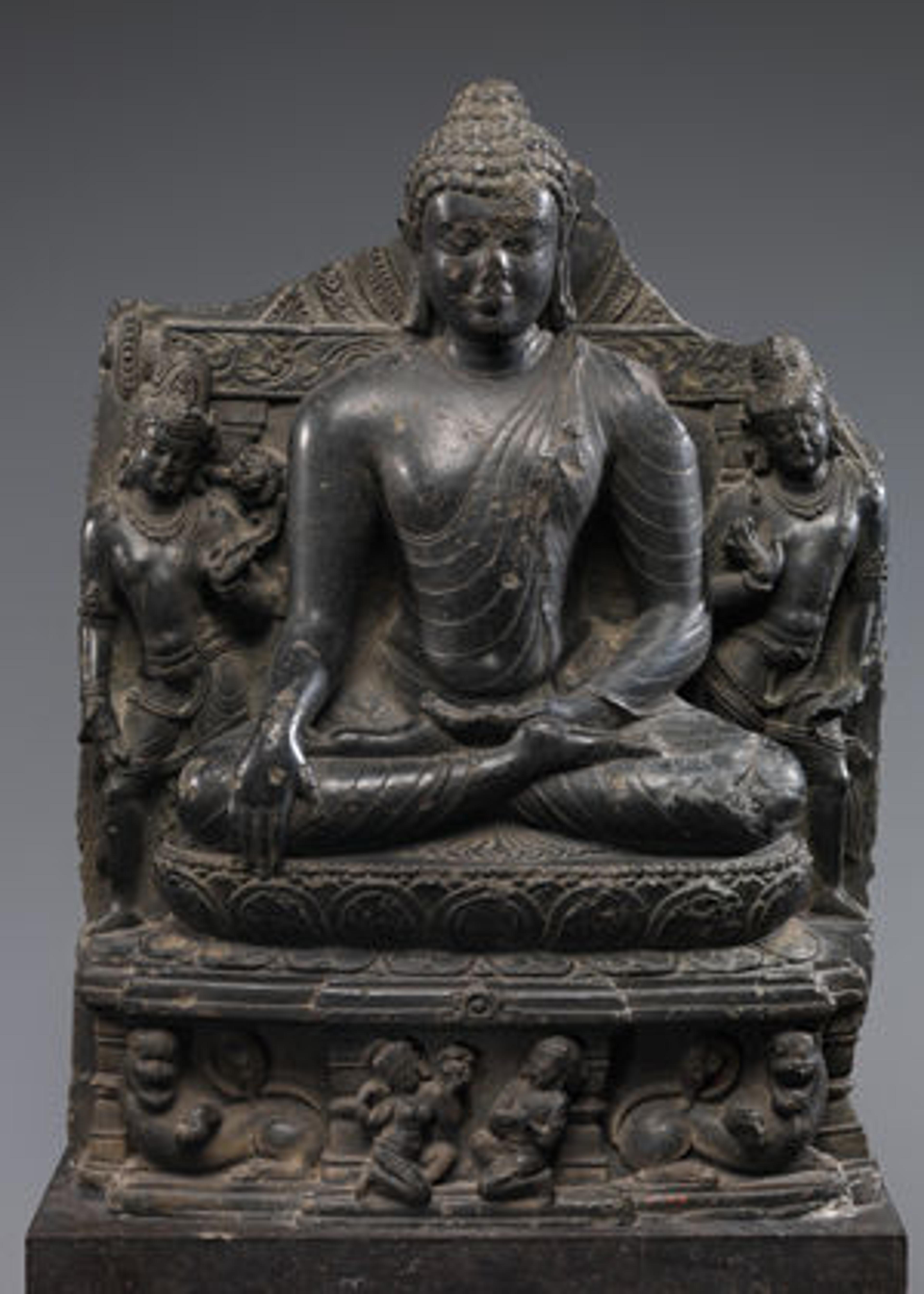 Seated Buddha Reaching Enlightenment, Flanked by Avalokiteshvara and Maitreya