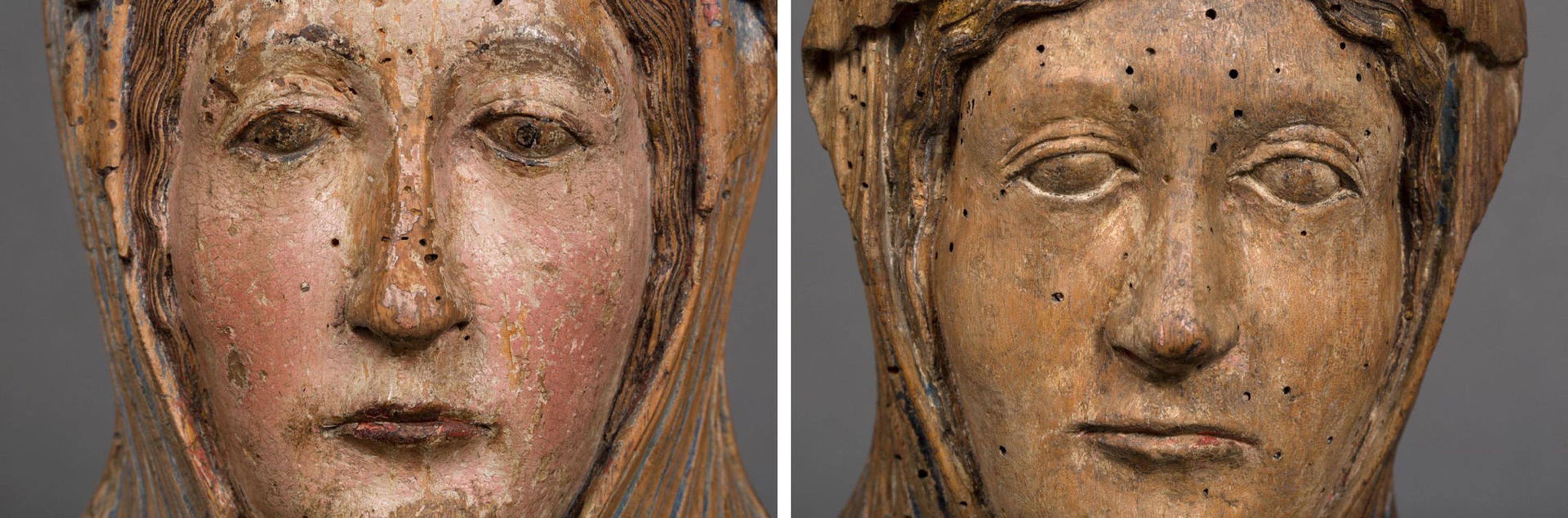 Detail views of two twelfth-century sculptures of the Virgin, here showing close-up views of their faces