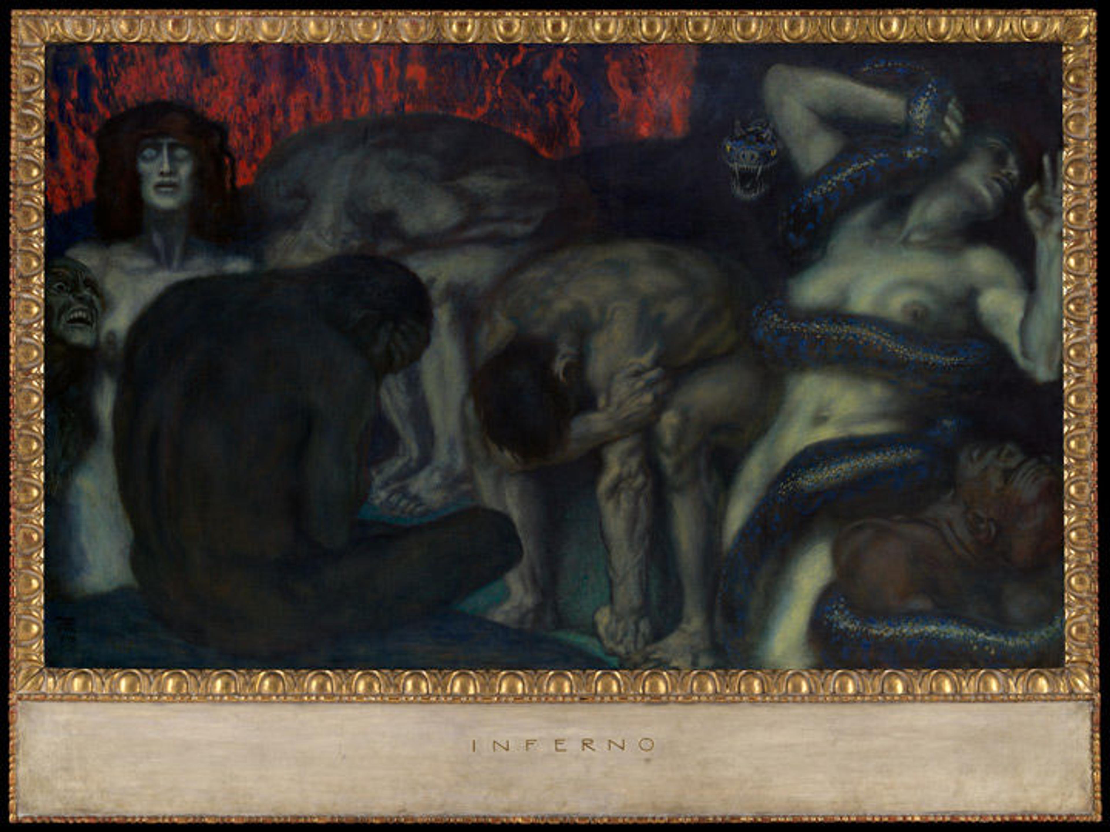'Inferno' by Franz von Stuck, an expressionistic painting depicting six figures trapped in hell and taunted by a demon at left and a serpent at right