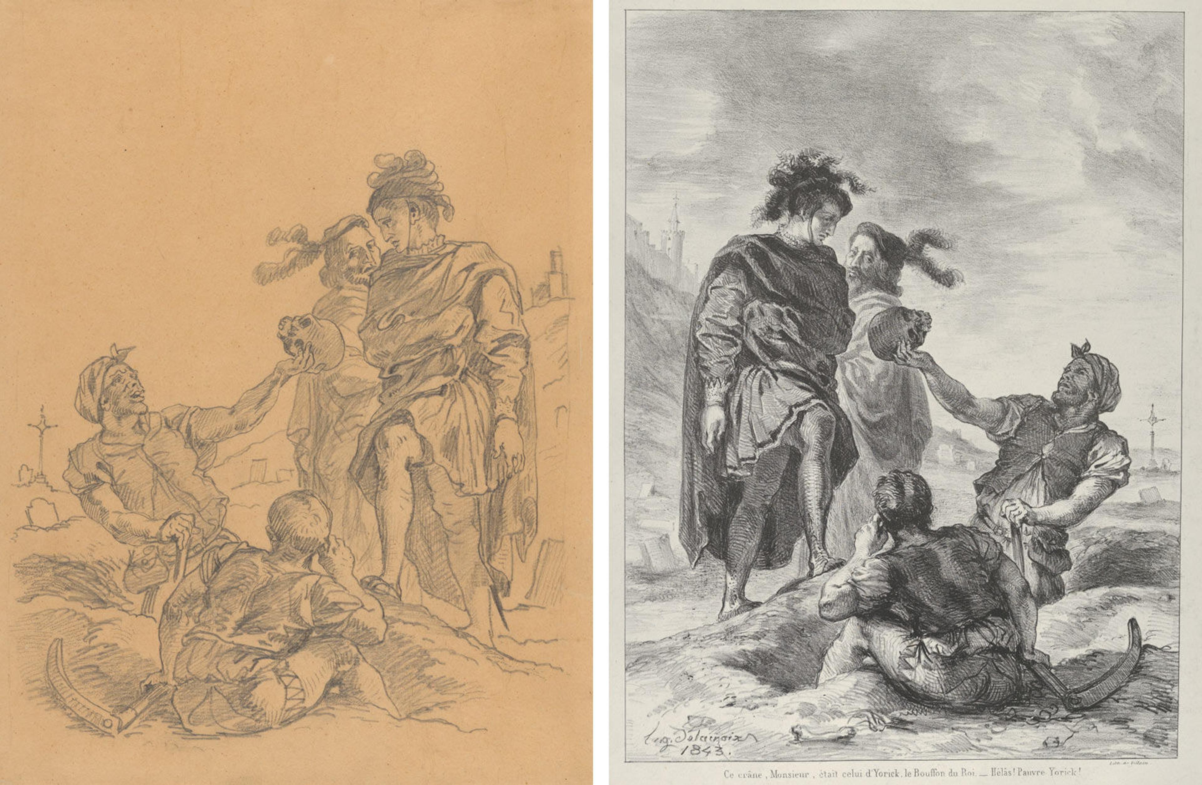 A drawing (left) and lithograph (right) by Eugene Delacroix depicting a scene in a graveyard from Shakespeare's Hamlet