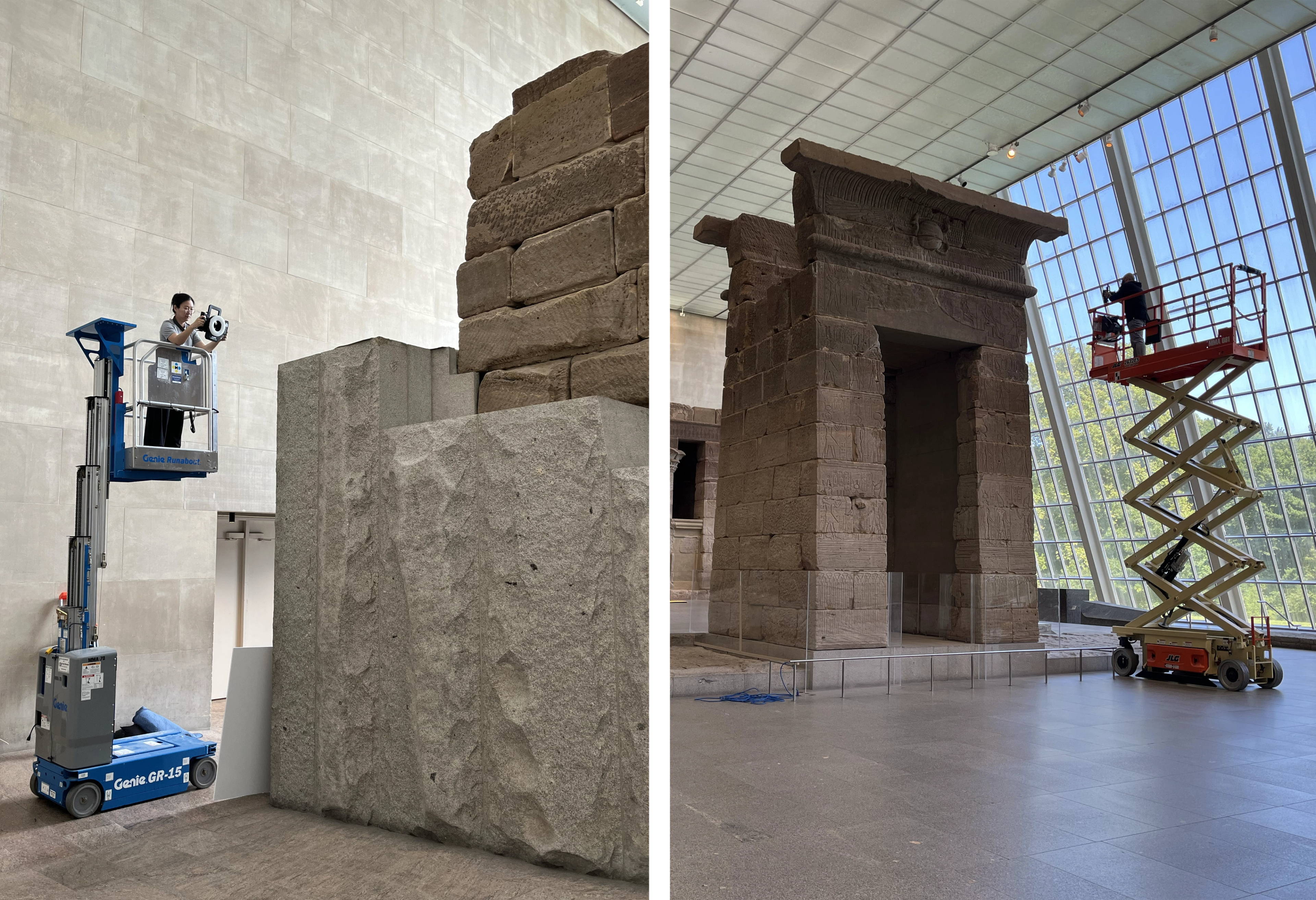 Diptych of individuals on a lift taking photographs of a stone structure.