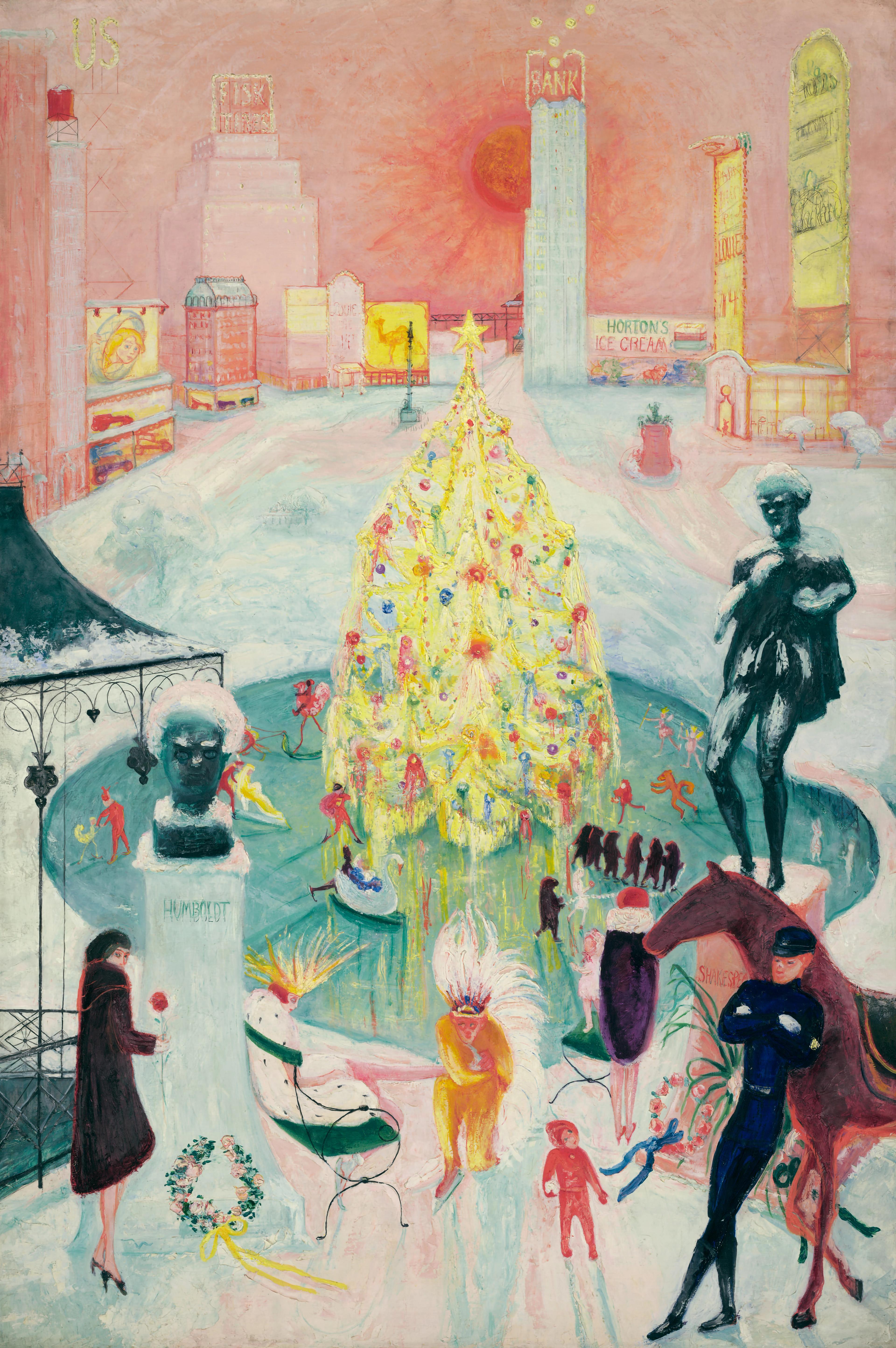 Whimsical painting in bright colors, showing a yellow Christmas tree on a ice skating rink in a city landscape.