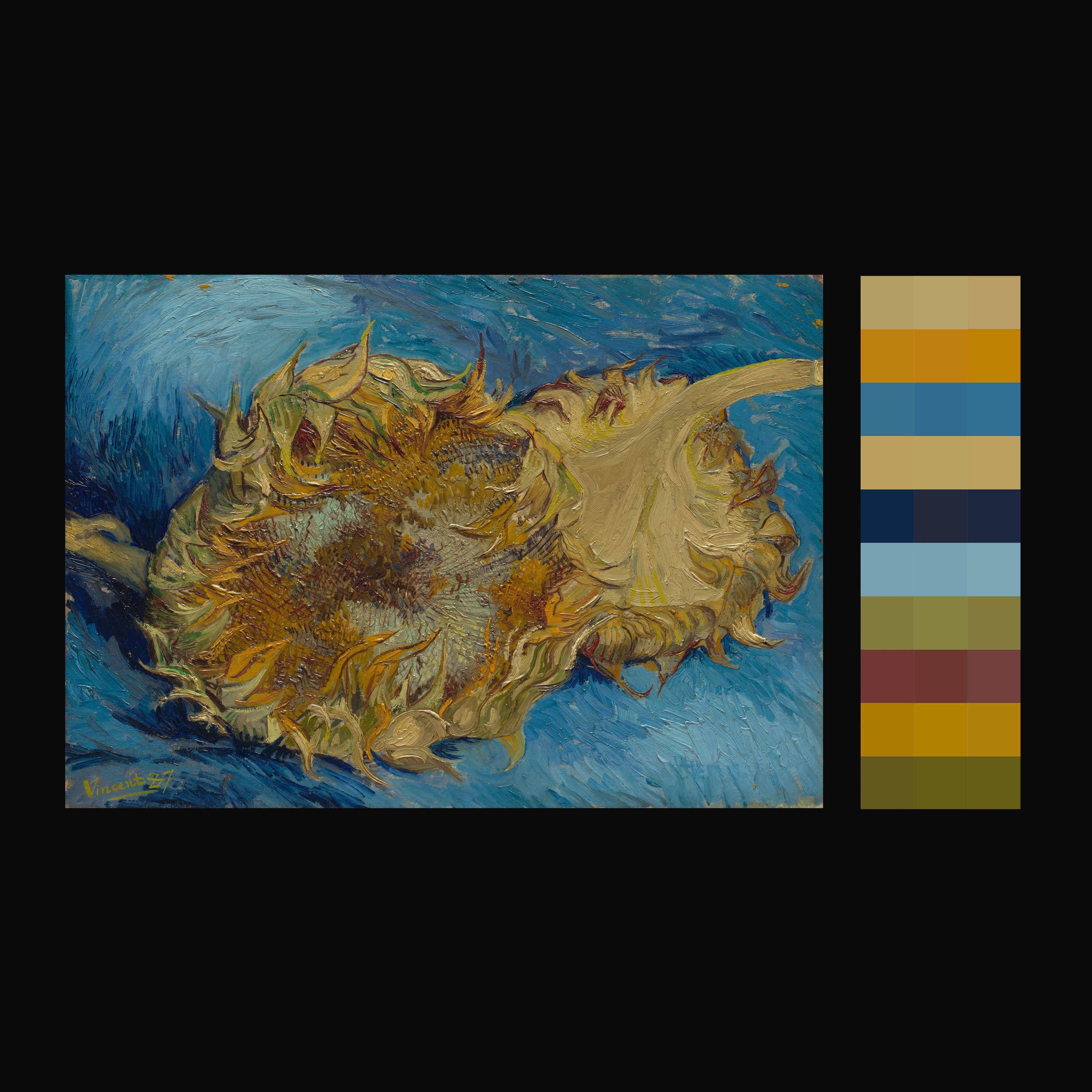 Display with Van Gogh's Sunflowers, corresponding to a set of color swatches along the right side of the panel.