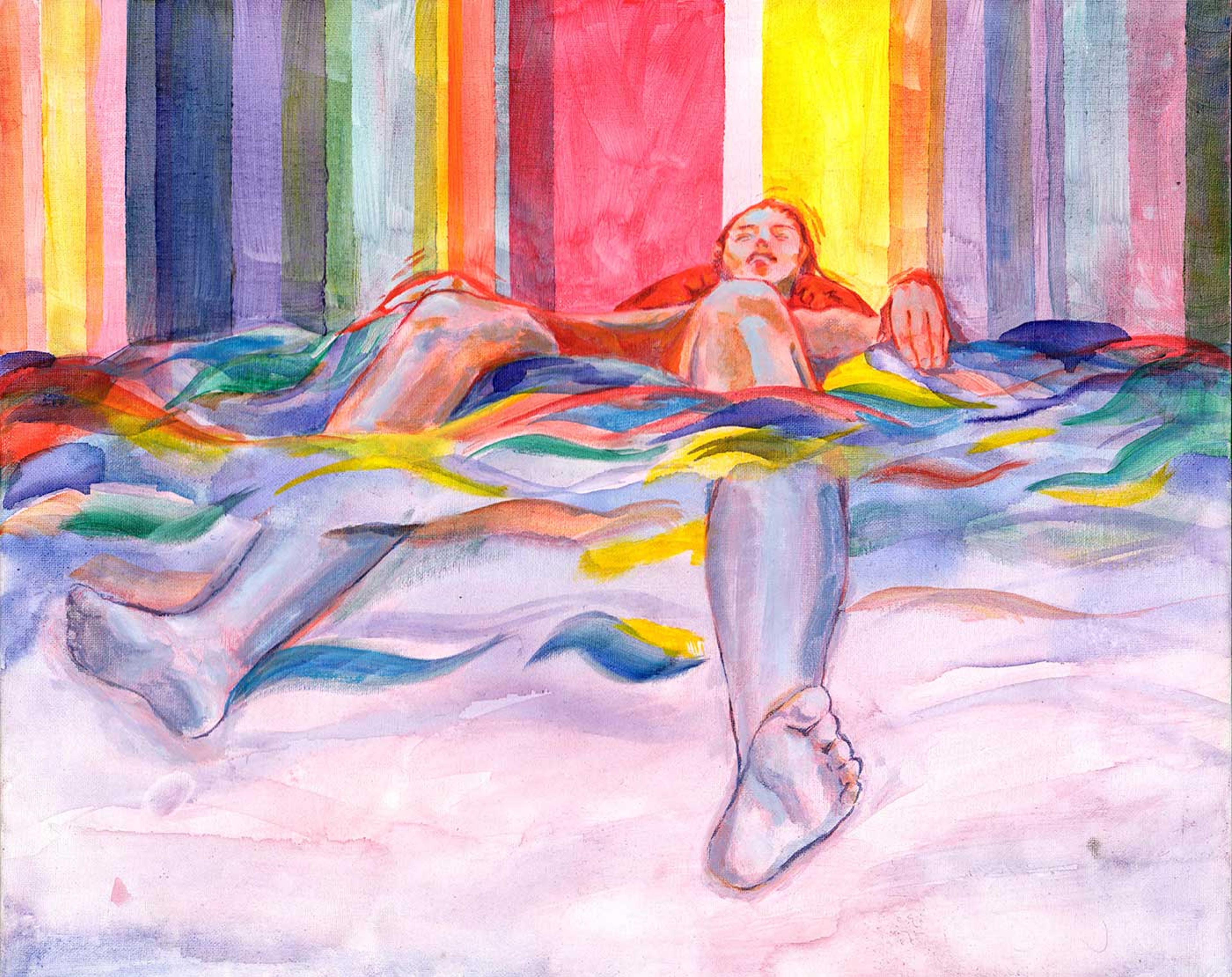 Painting of a figure in a relaxed pose surrounded by rainbow colors.