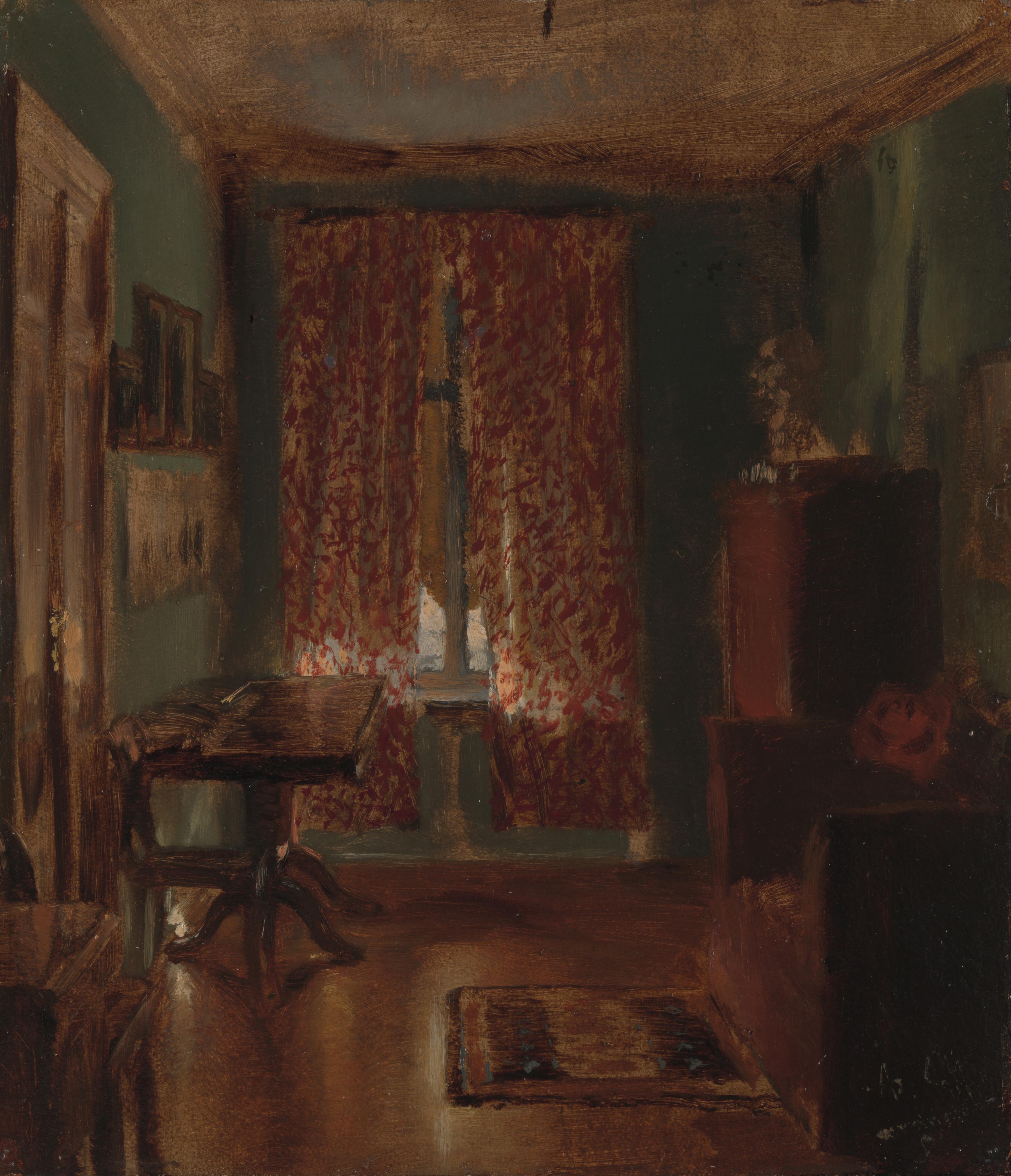 Painting of a living area. Modest light comes through red and gold curtains. A wooden desk, dresser, and armchair round out the image.