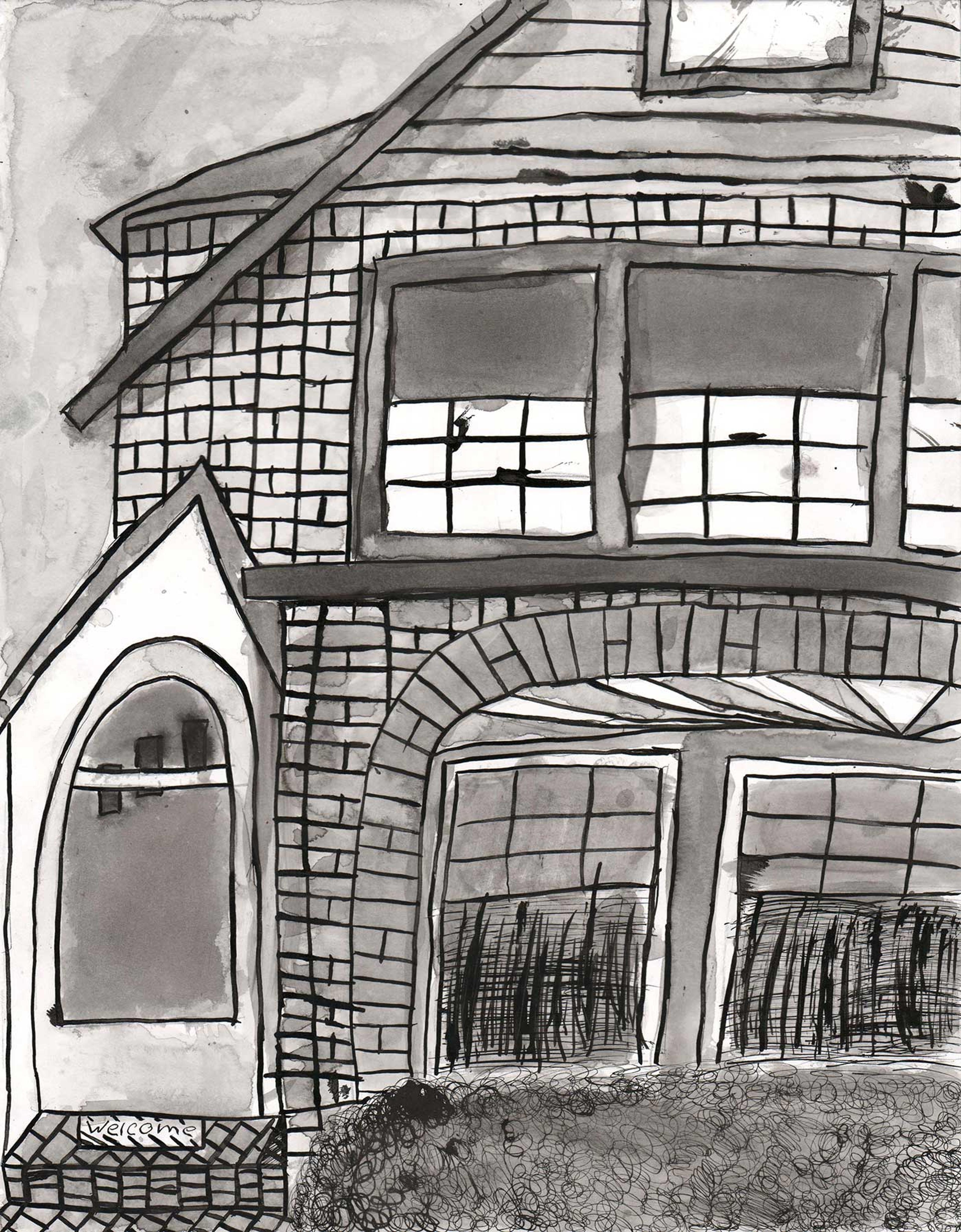 Drawing of a house done in ink.