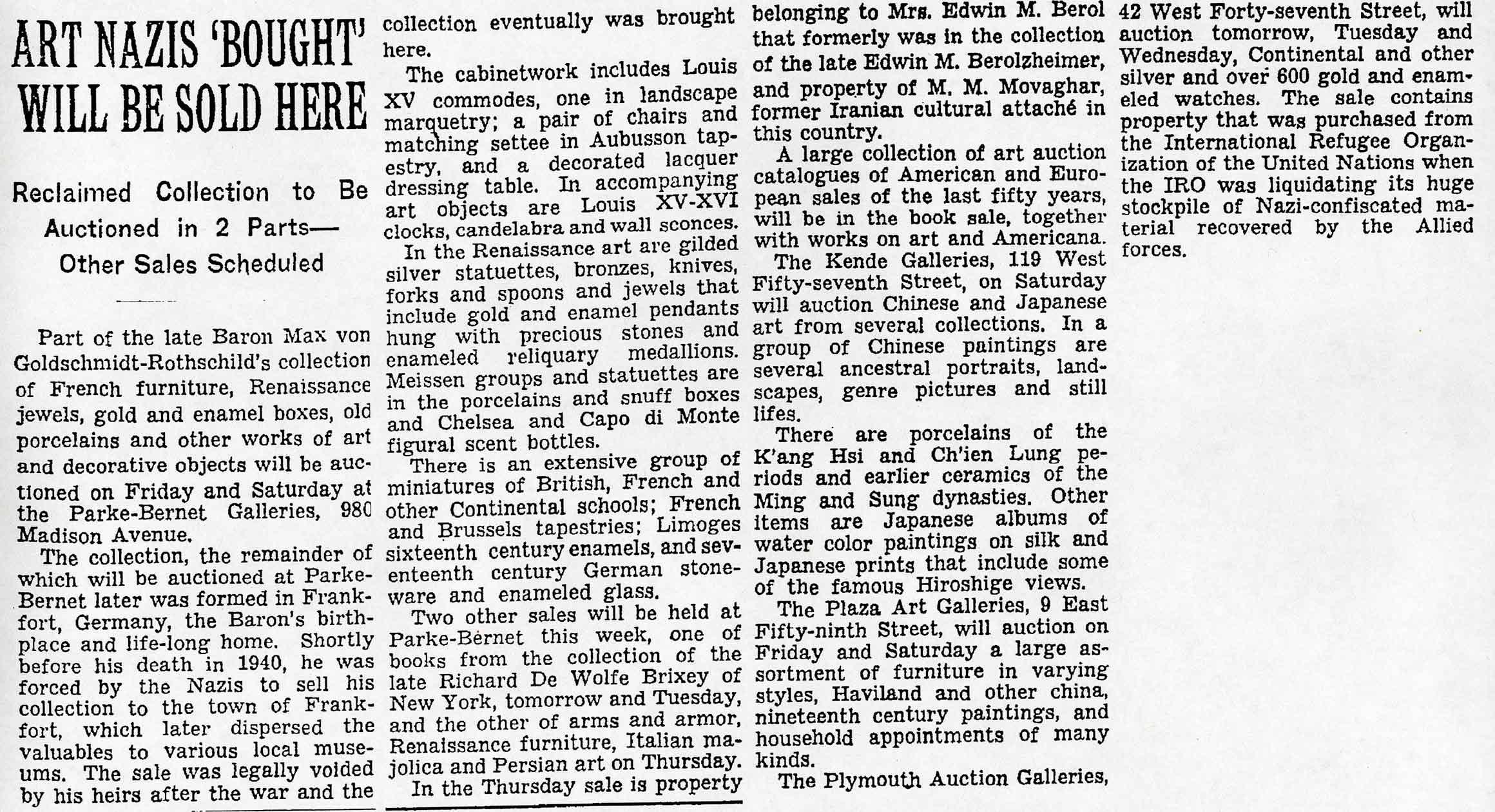 A newspaper clipping saying Art Nazis "Bought" Will Be Sold Here