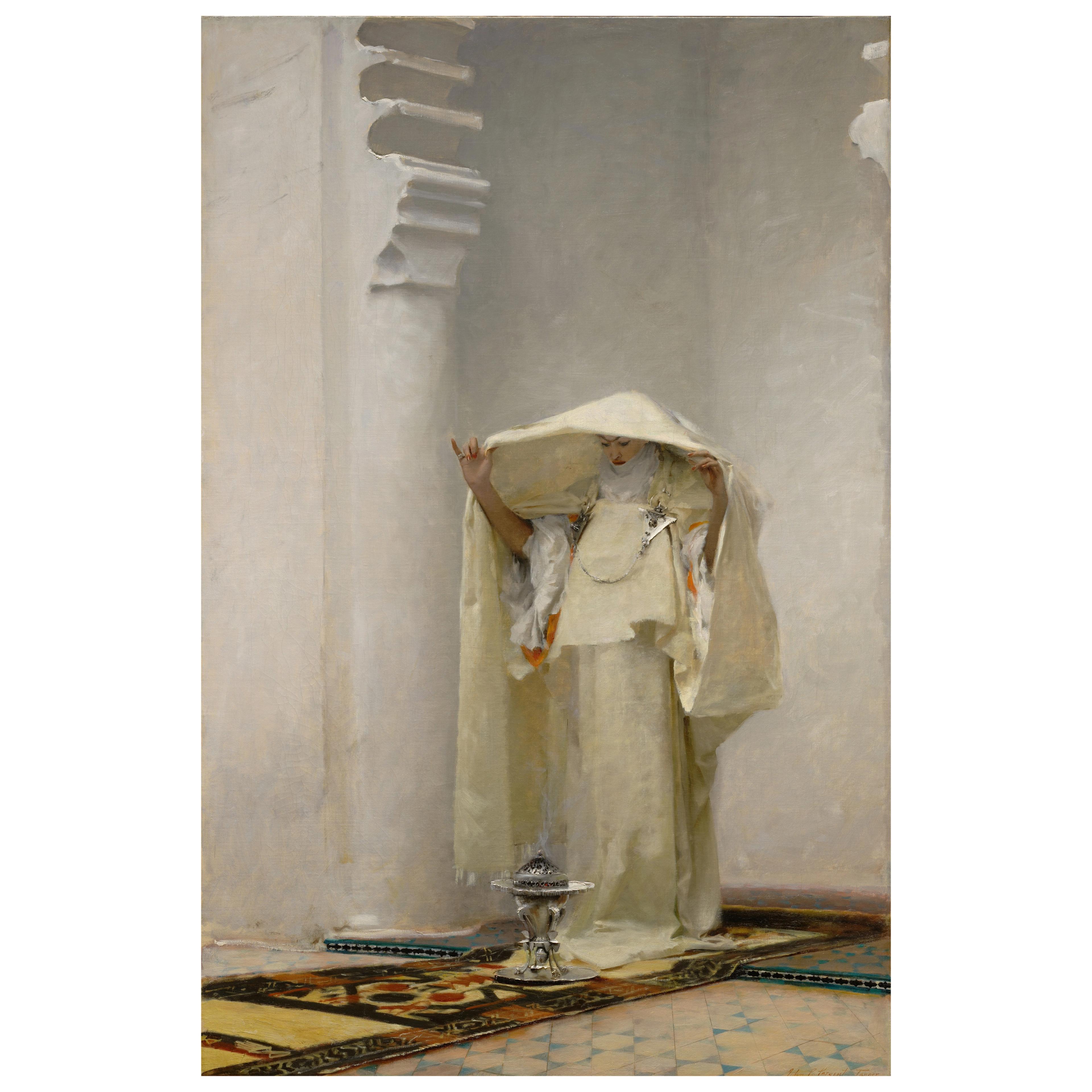 A person in white robes stands in a serene, white-walled room, holding a cloak over their face. A silver incense burner sits on a patterned rug.