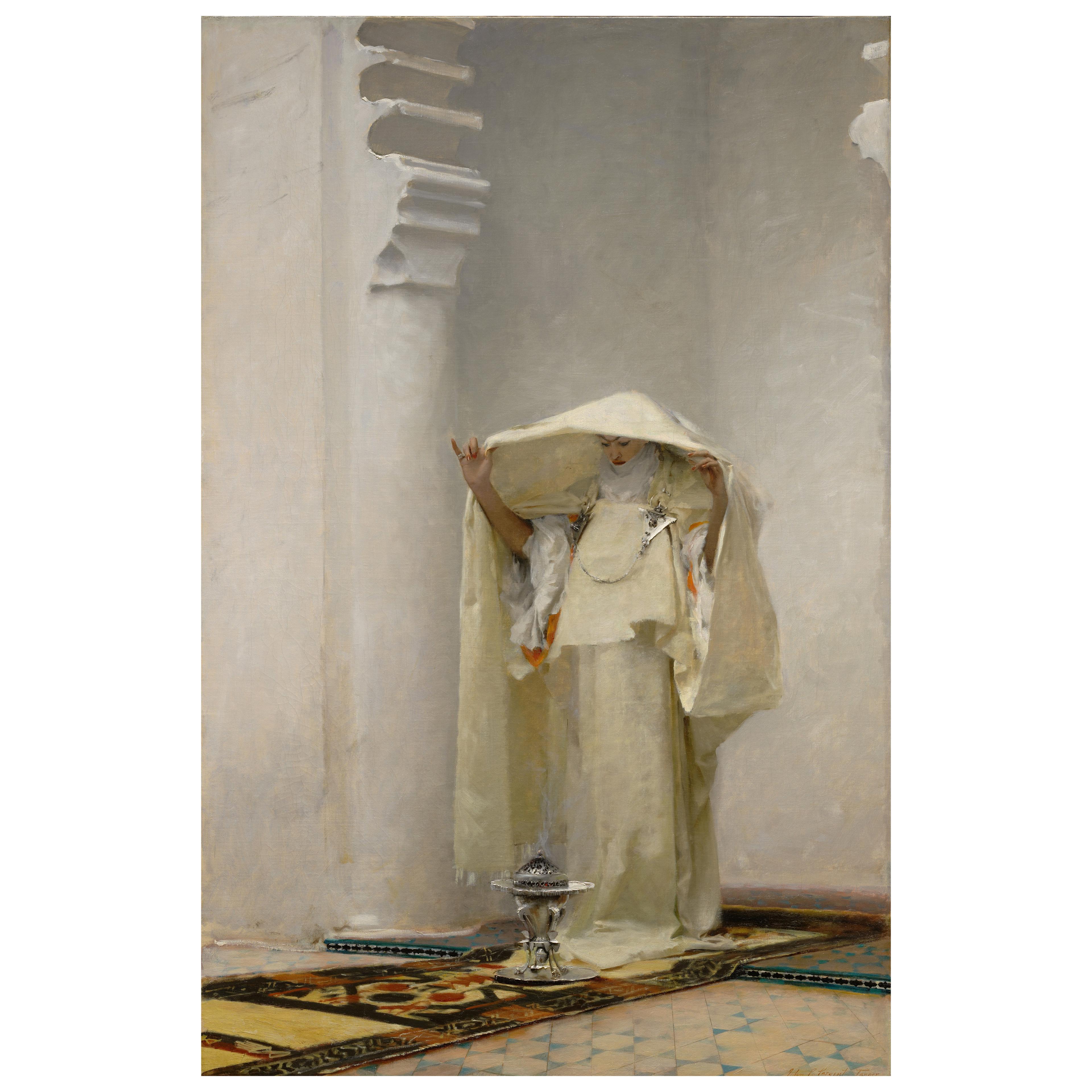 A person in white robes stands in a serene, white-walled room, holding a cloak over their face. A silver incense burner sits on a patterned rug.