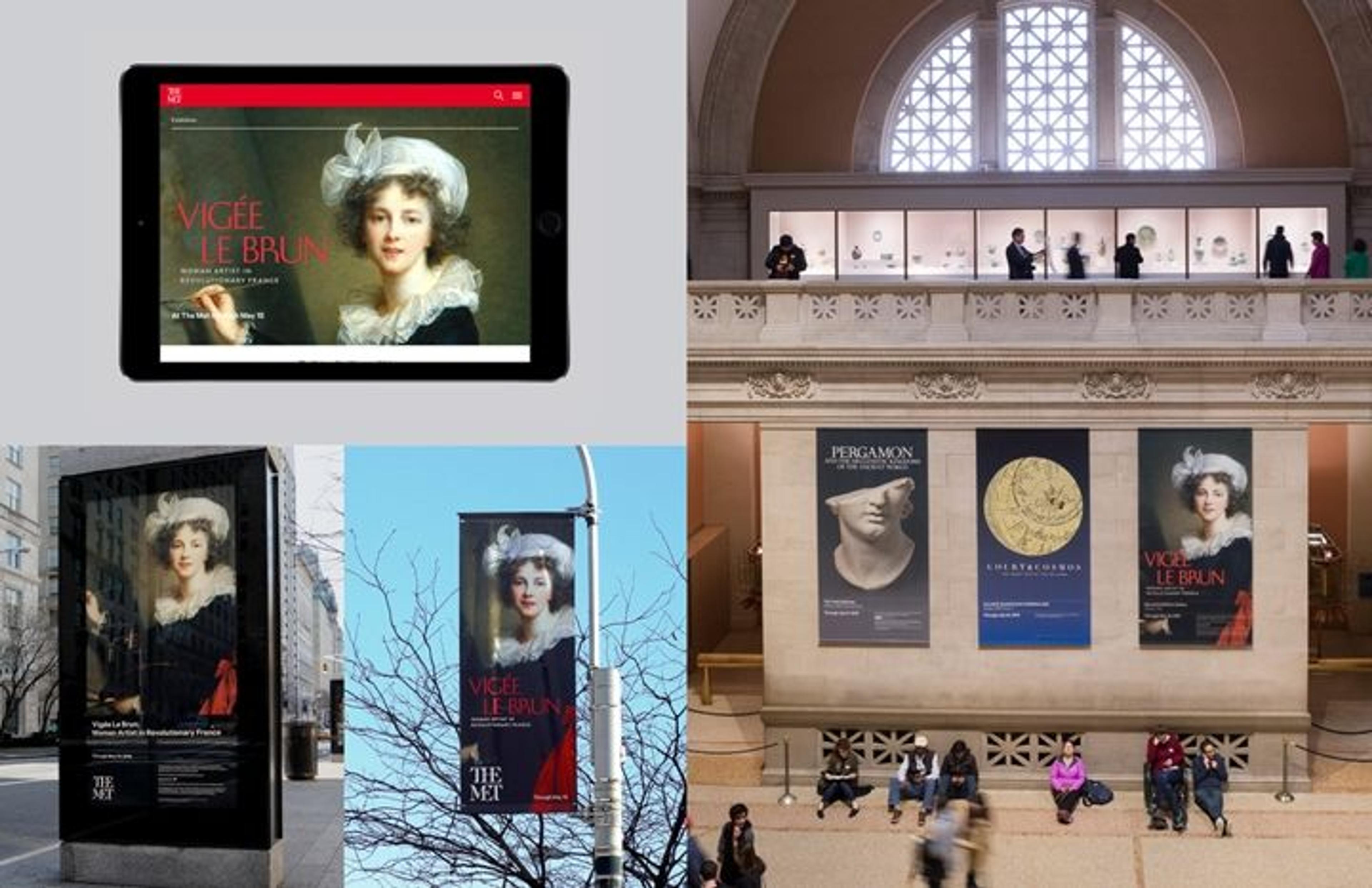 Exhibition signage across various platforms: web pages, outdoor stanchions, and banners in The Met's Great Hall