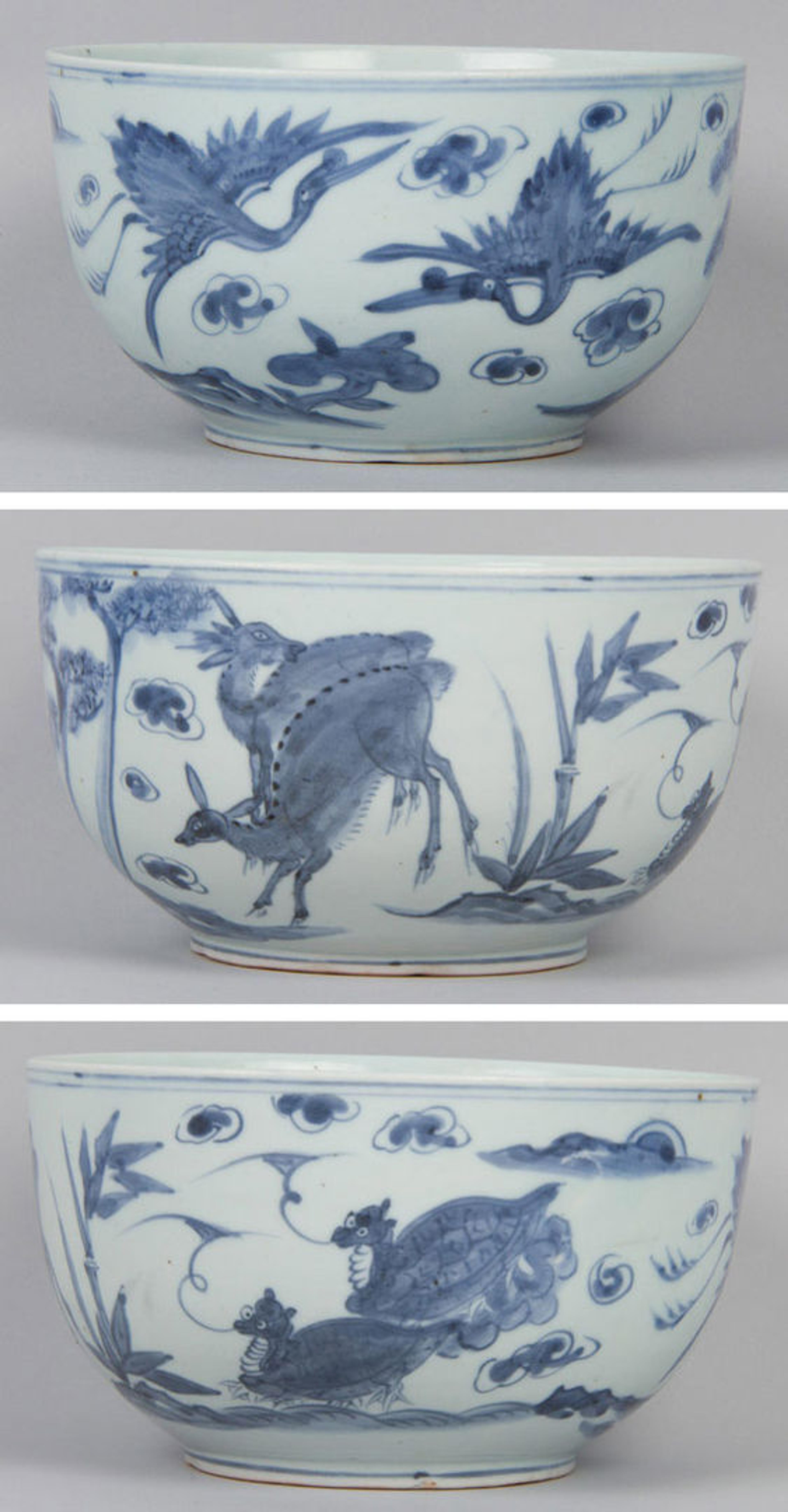 Bowl with decoration of ten symbols of longevity (three detail views)