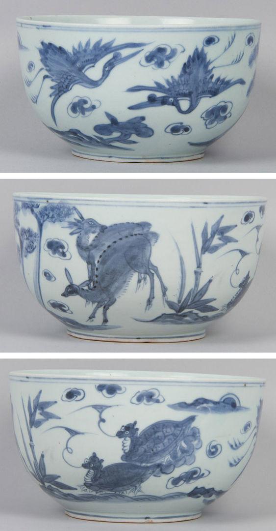 Bowl with decoration of ten symbols of longevity (three detail views)