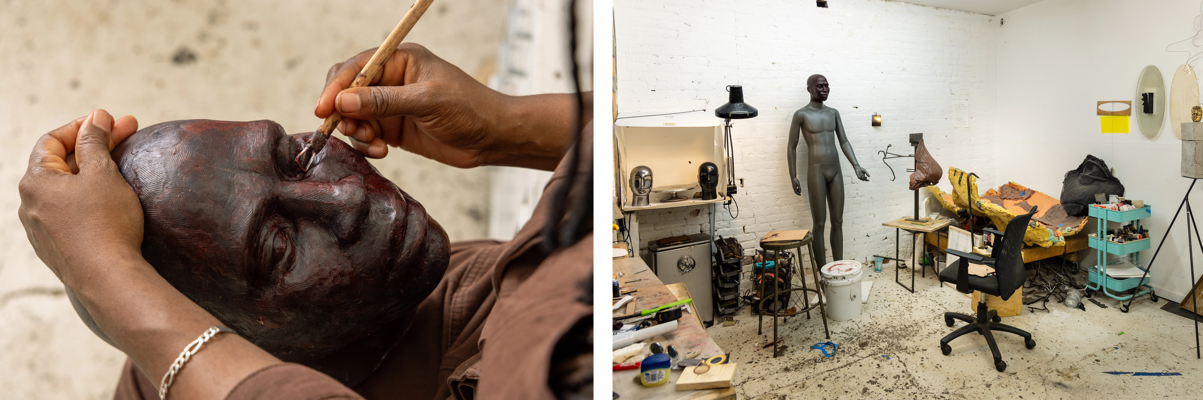 Diptych showing a closeup of someone modeling a mannequin's face at left, and a photograph of a studio space at right