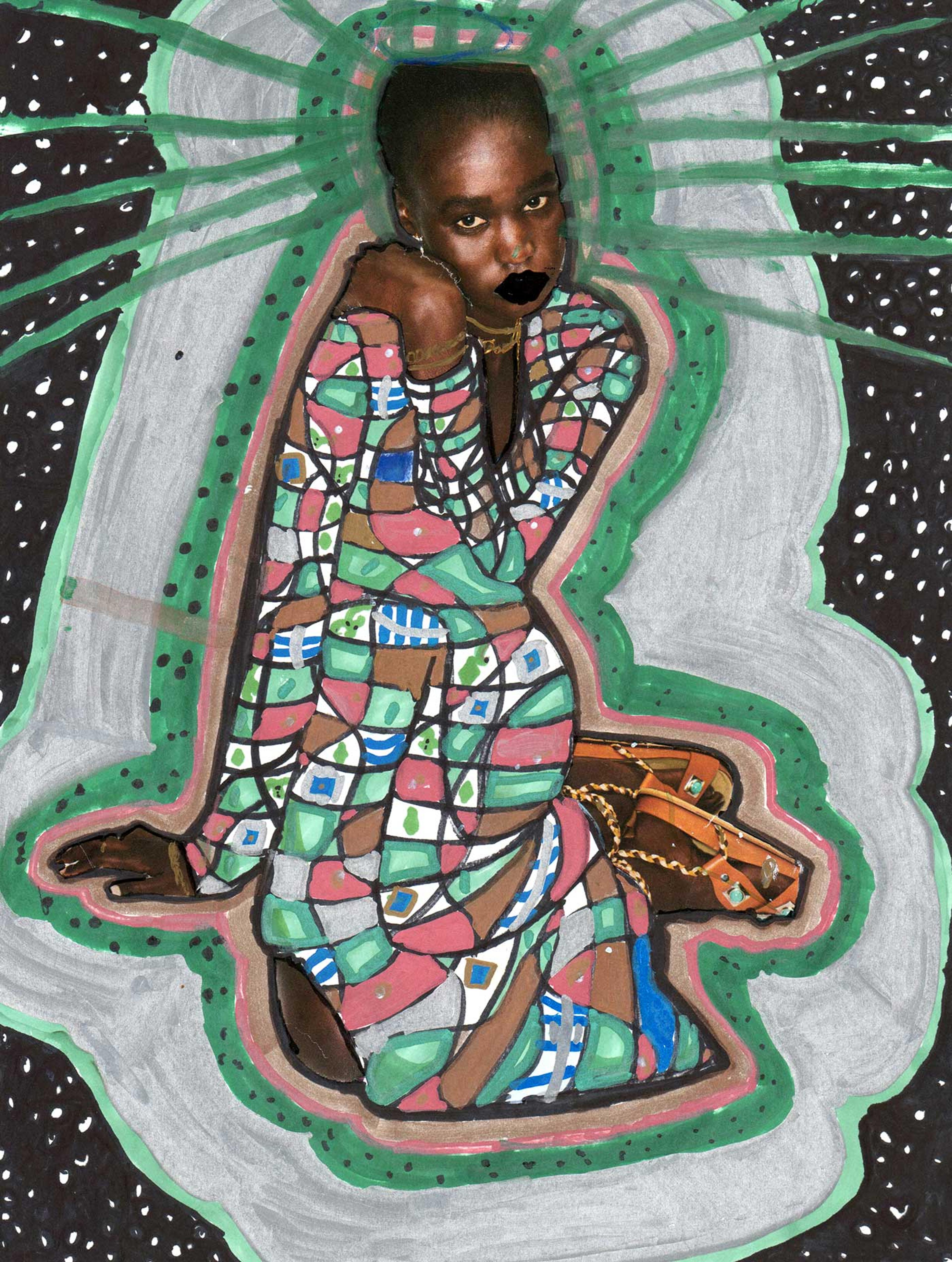 Collage of a woman in a colorful dress surrounded by patterns.