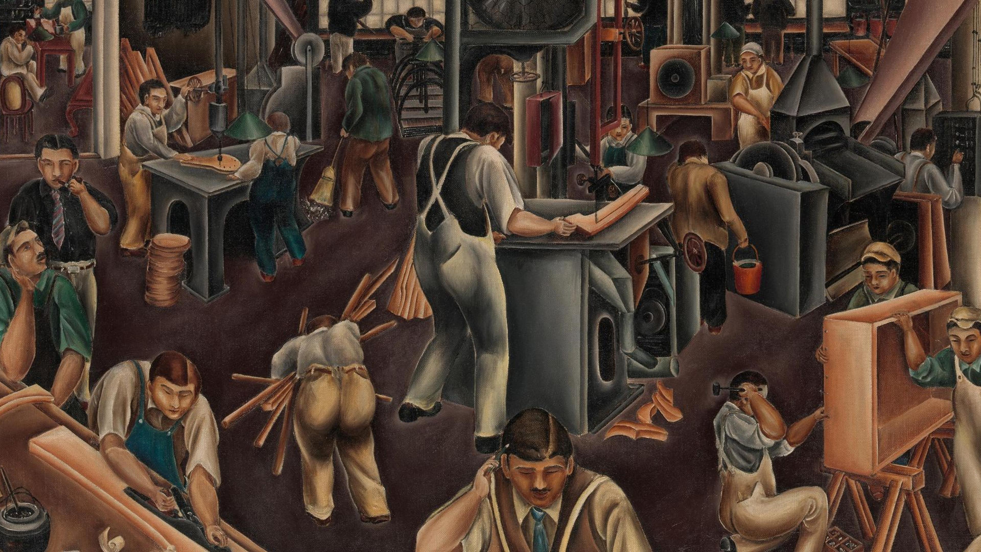 Mural showing workers in a factory.