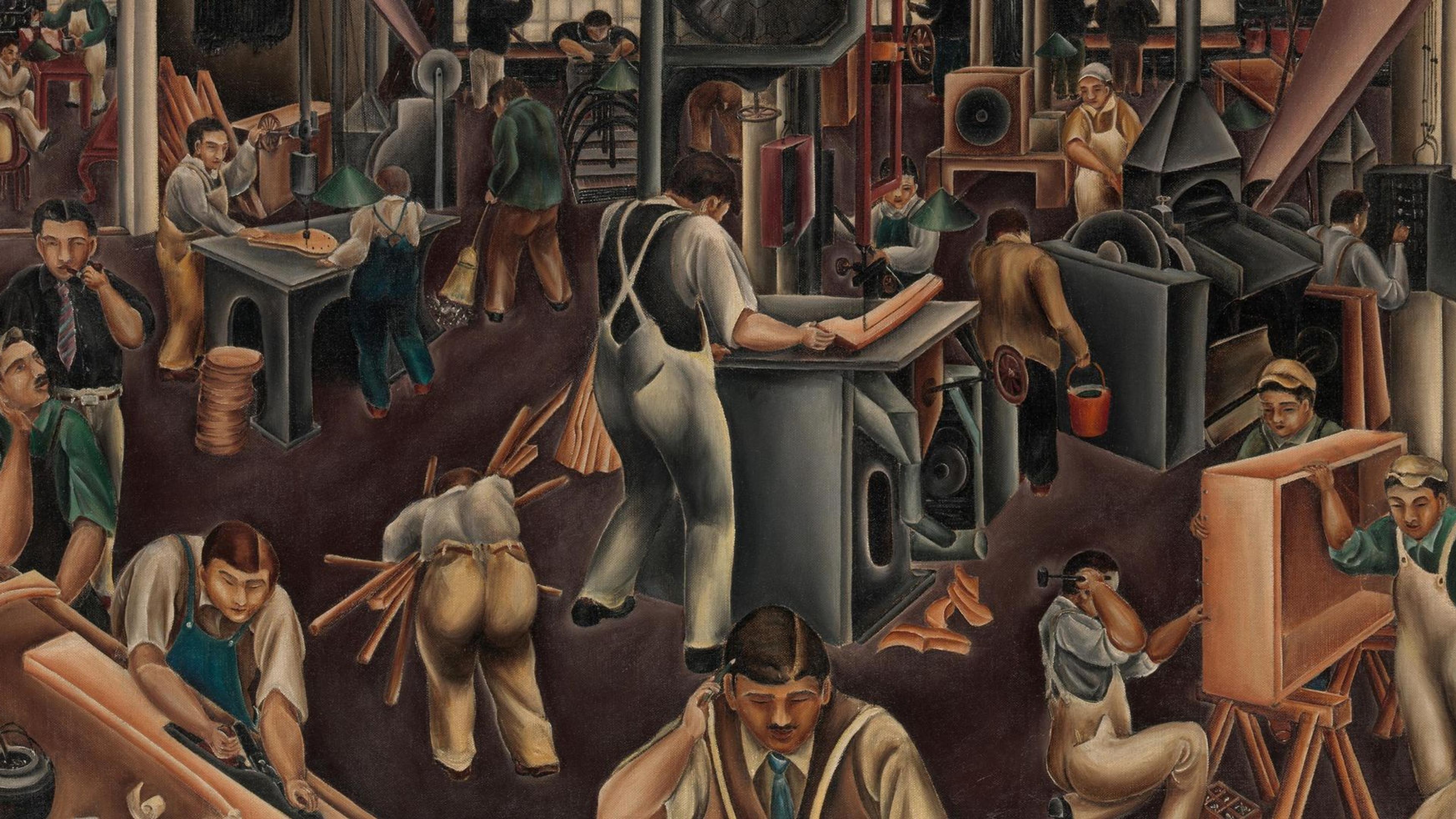 Mural showing workers in a factory.