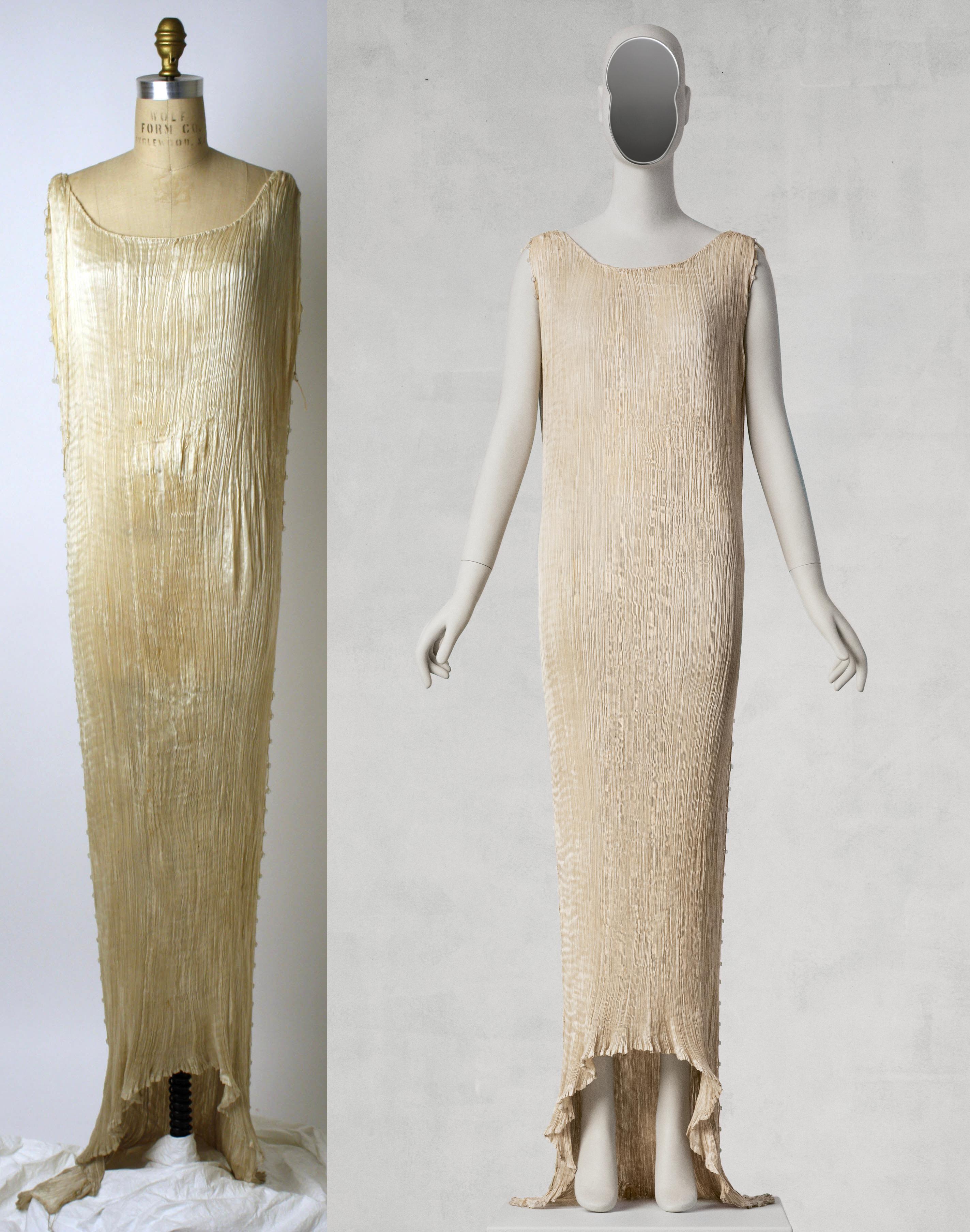 At left, an off-white sleeveless gown with very fine, vertical pleats with a large area of irregular texture at the left hip. At right, the same gown with consistent texture throughout.
