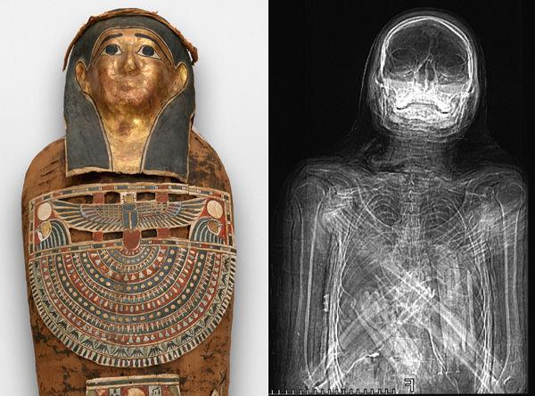 Left: Photograph of the mummy of Nesmin with mask and other cartonnages; Right: Reconstruction of the CT scan data from 1997