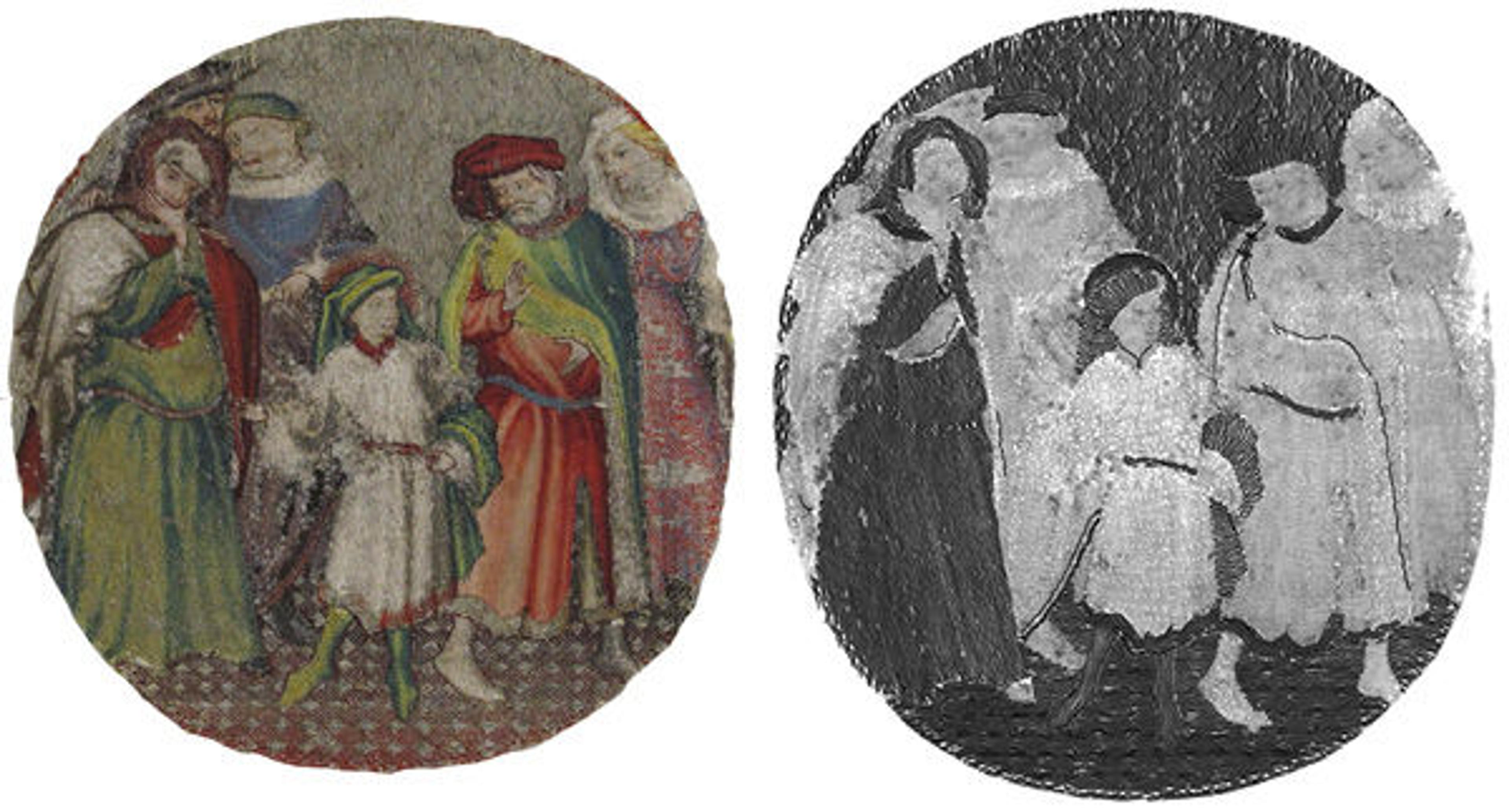 Fig. 4. Obverse of Saint Martin Announcing to His Parents That He Will Become a Christian (1975.1.1909) (left), and its radiography image (right)