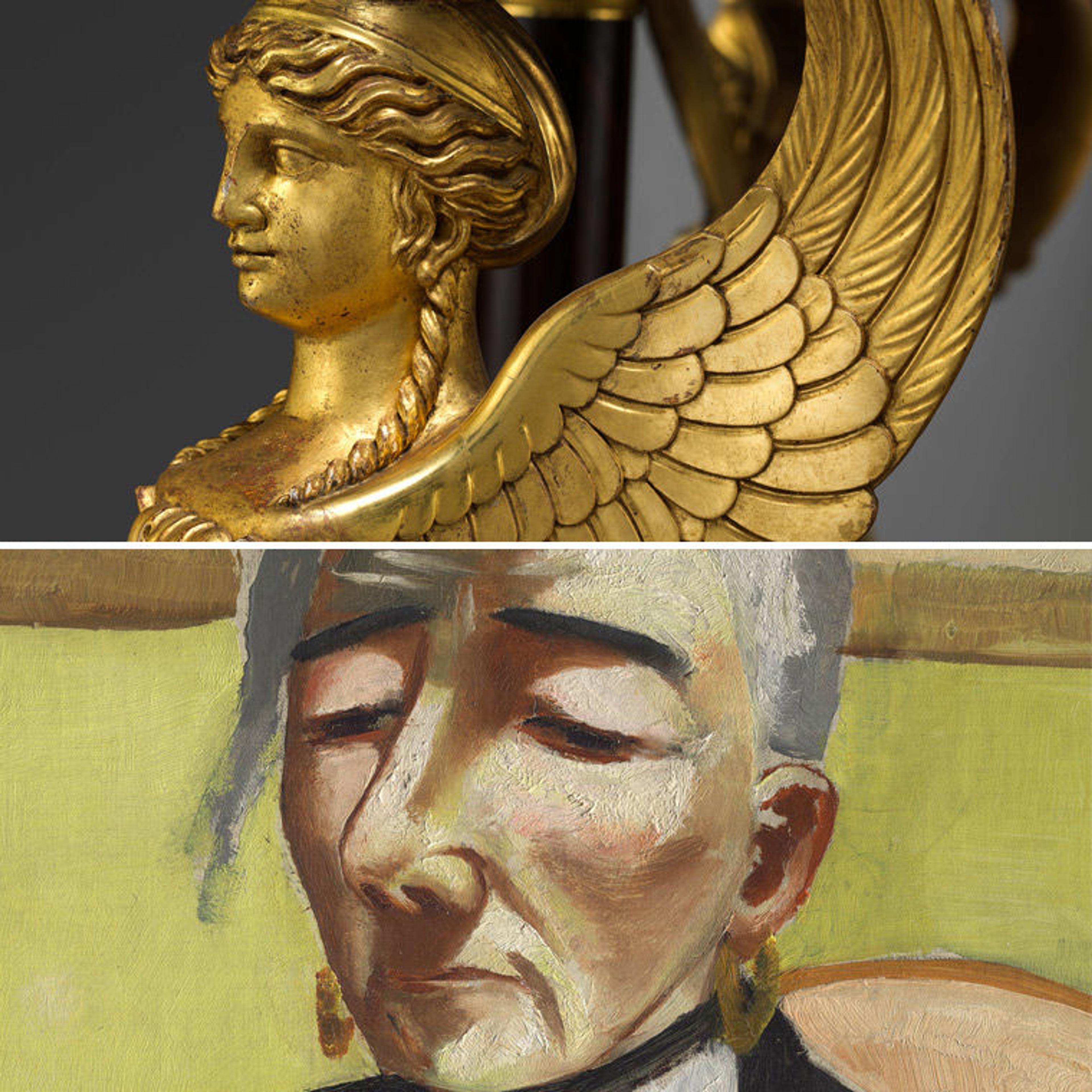Details of Max Beckmann's painting "The Old Actress" and a winged gilded caryatid from a pier table by Charles-Honoré Lannuier