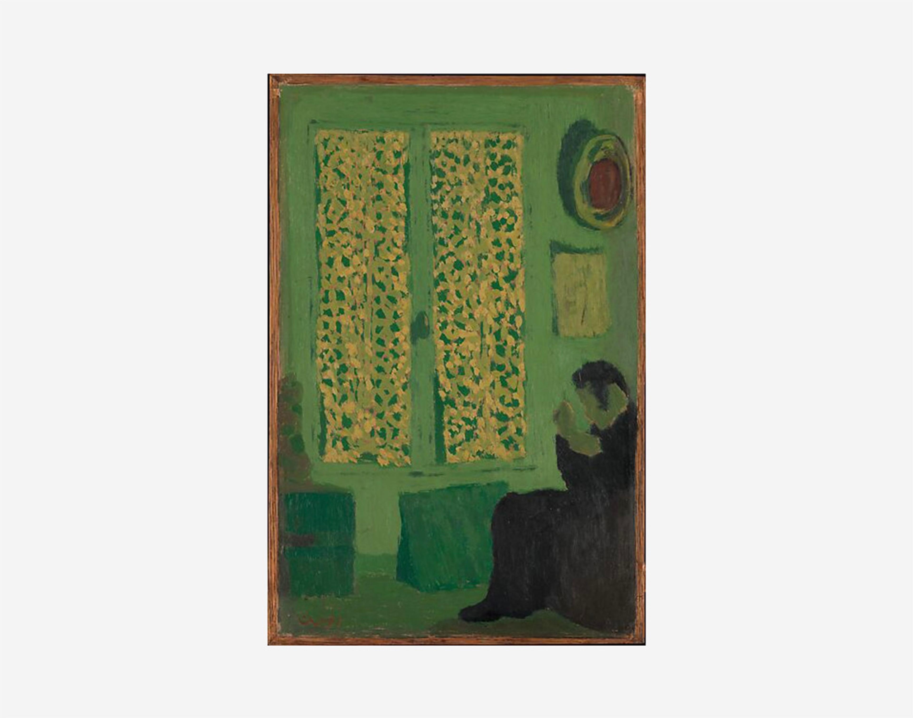 A painting of a figure dressed in black seated in a green room with patterned yellow curtains.