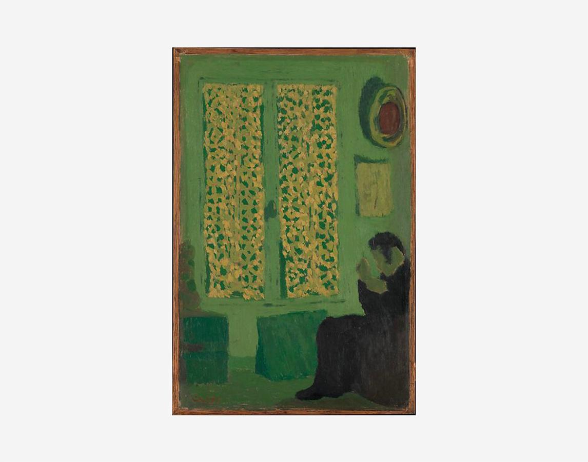 A painting of a figure dressed in black seated in a green room with patterned yellow curtains.