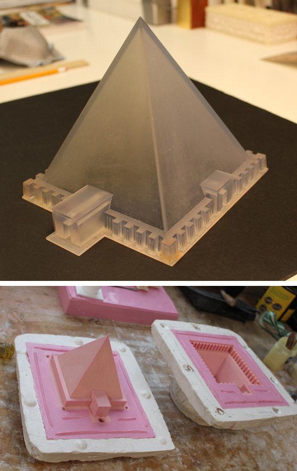 Three-dimensional print of the first pyramid; Silicone rubber molds