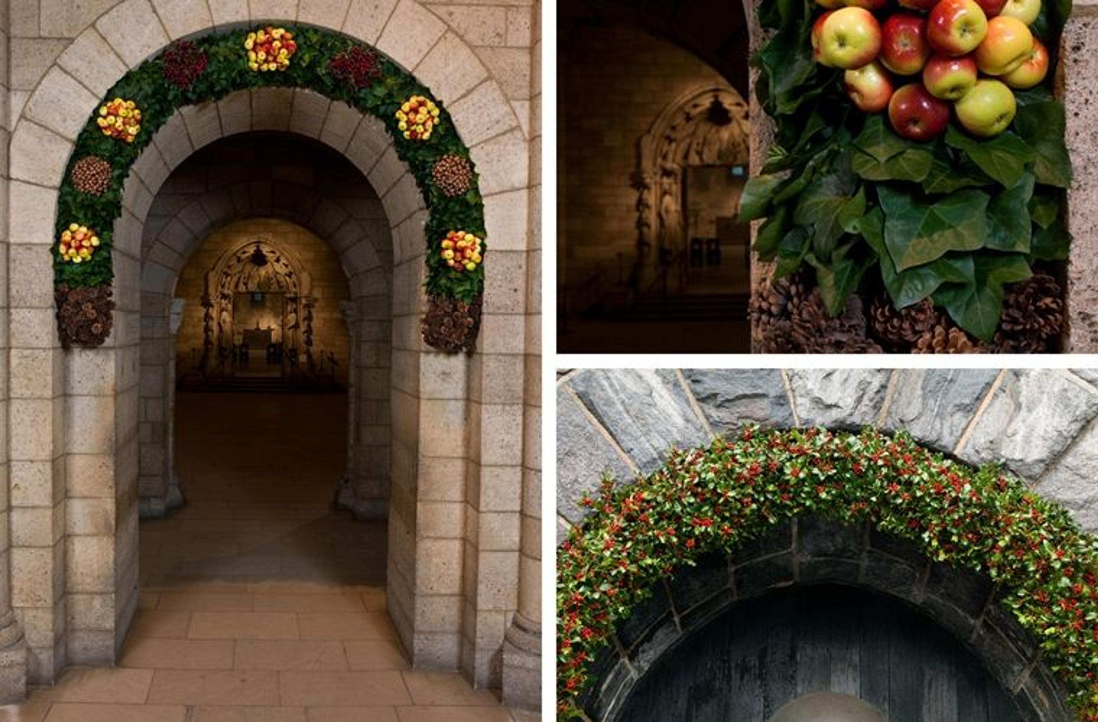 Three views of winter-themed holiday decorations at The Met Cloisters